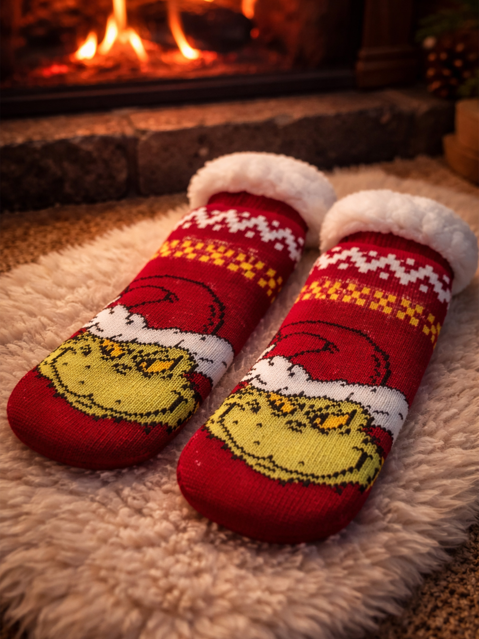 Zwei rote Weihnachtssocken mit Grinch-Motiv und weißem Plüschrand liegen vor einem Kamin.