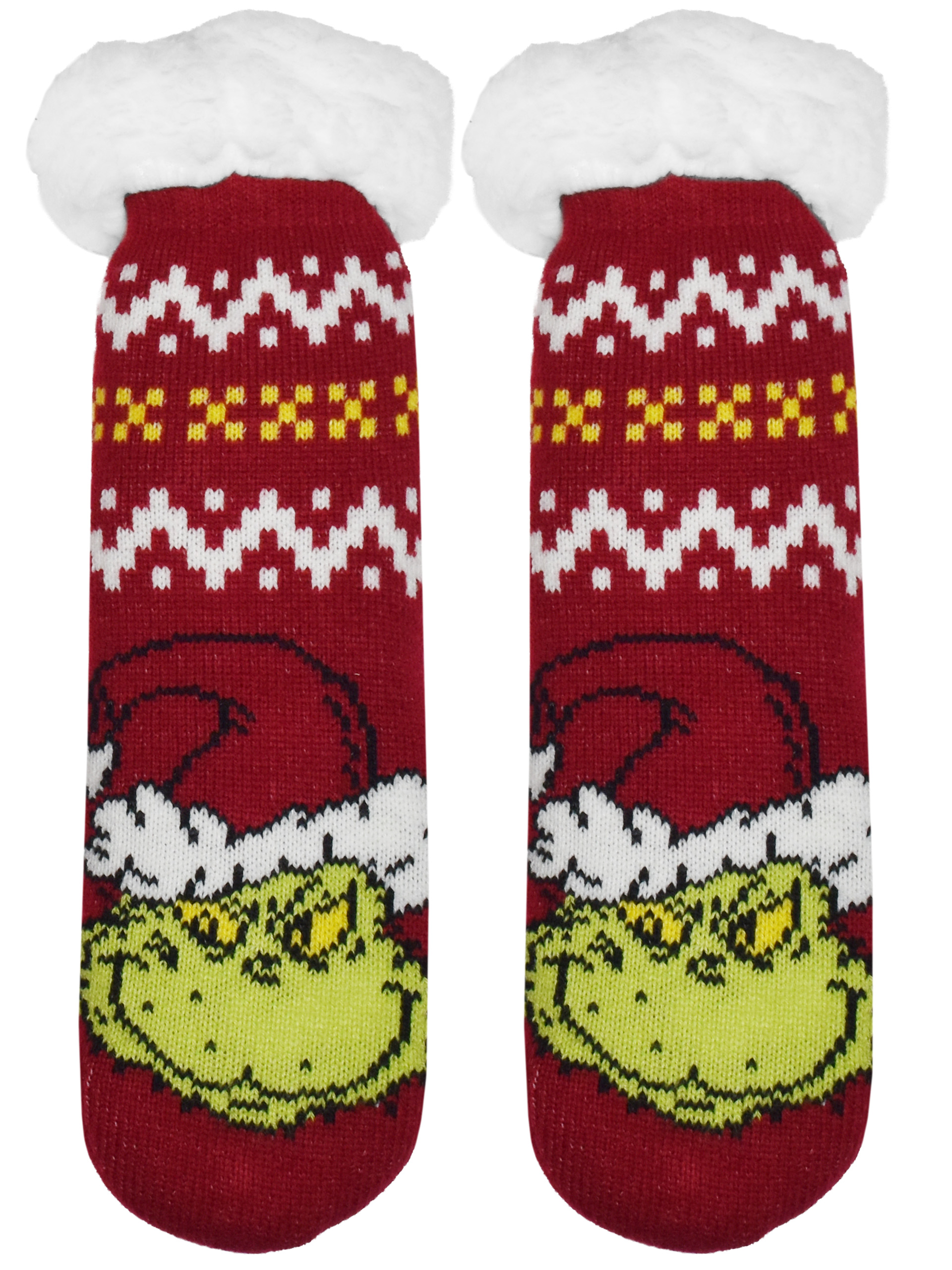 Zwei rote Weihnachtssocken zeigen ein Grinch-Gesicht, weiße Muster und flauschige weiße Bündchen vor weißem Hintergrund.