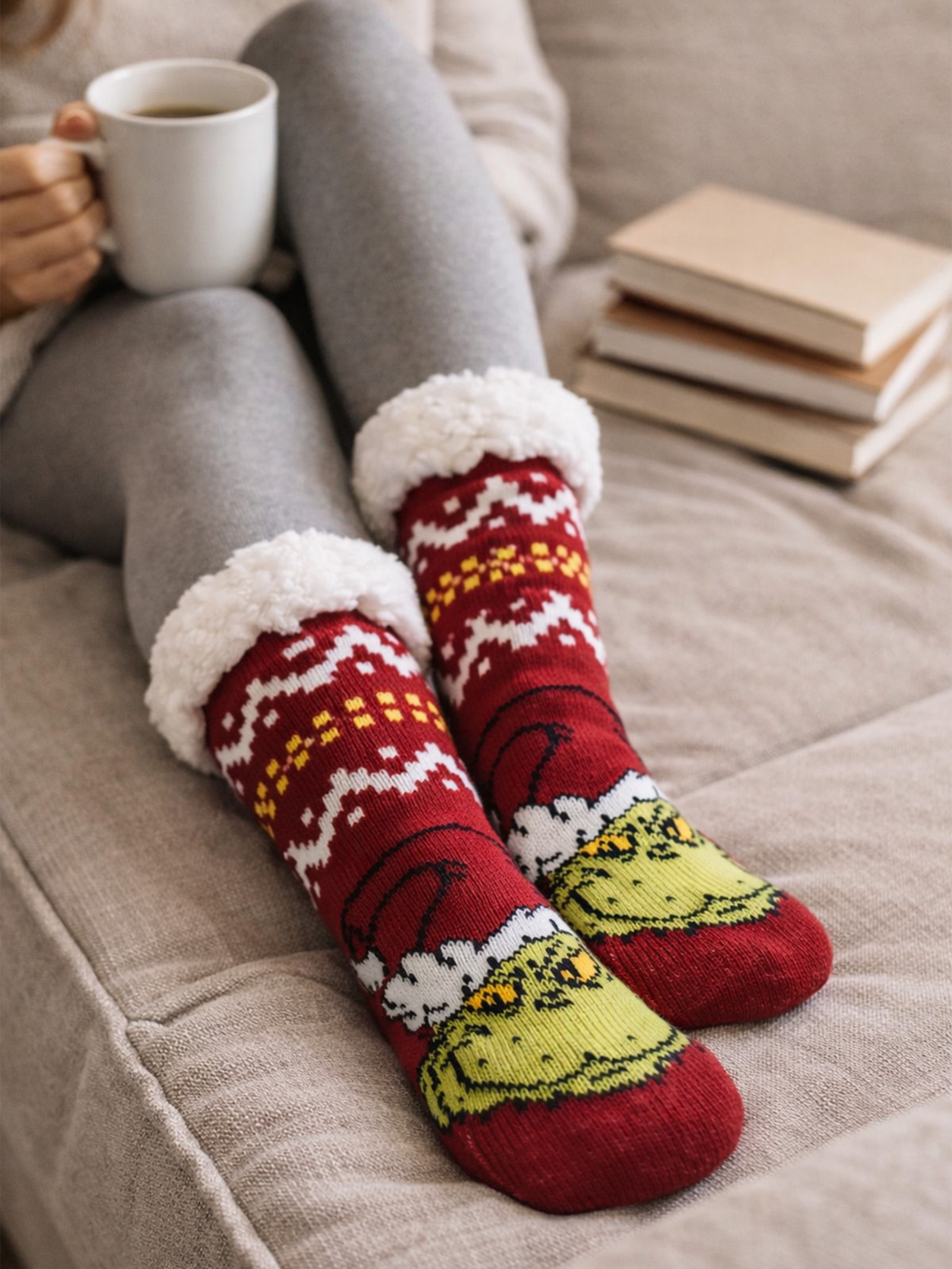 Person in grauen Leggings und weihnachtlichen Grinch-Socken mit Plüschrand hält eine weiße Tasse auf einem Sofa.