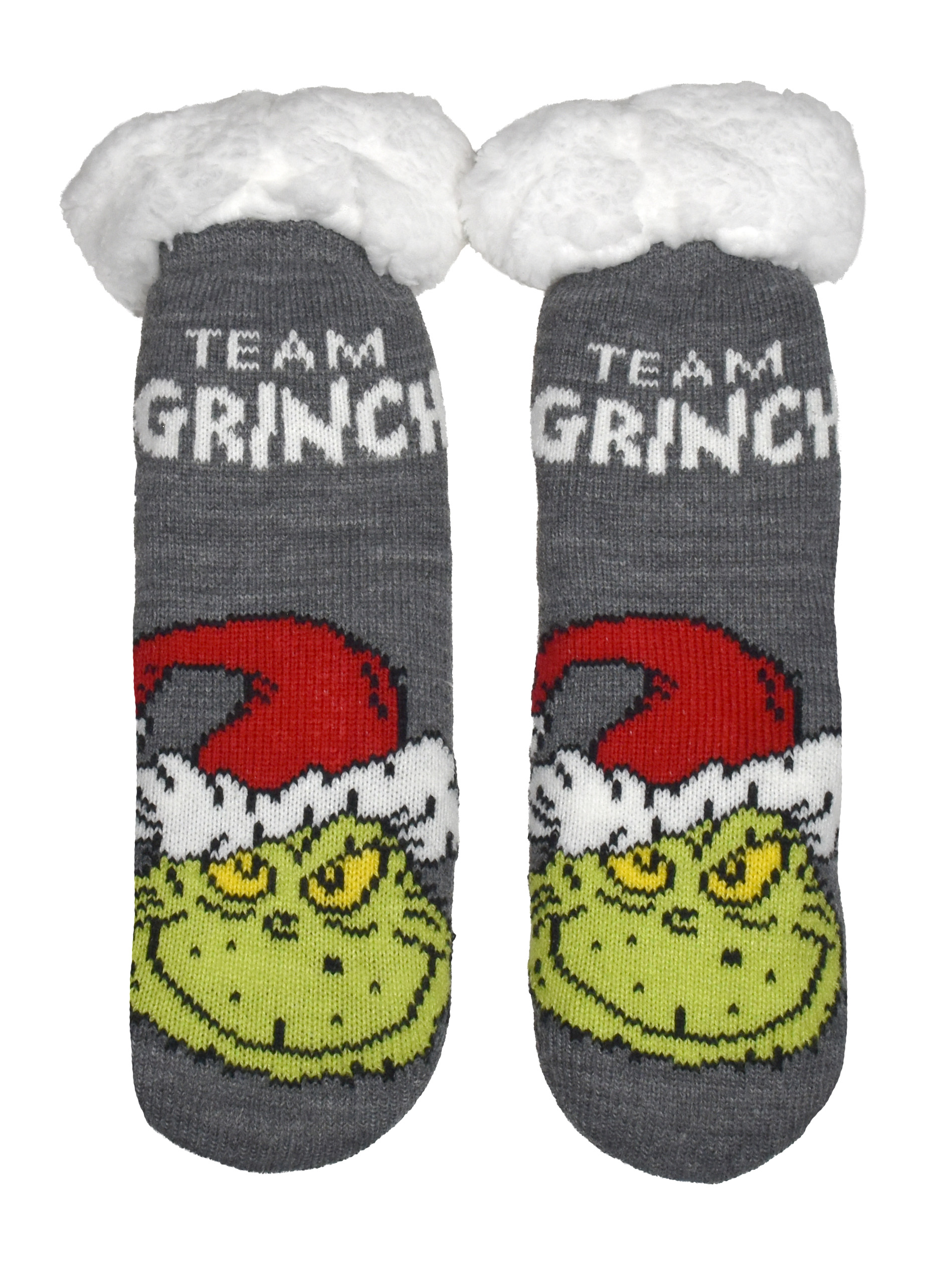 Graue Team-Grinch-Socken mit flauschigem weißem Rand und Grinch-Gesicht unter Weihnachtsmütze.