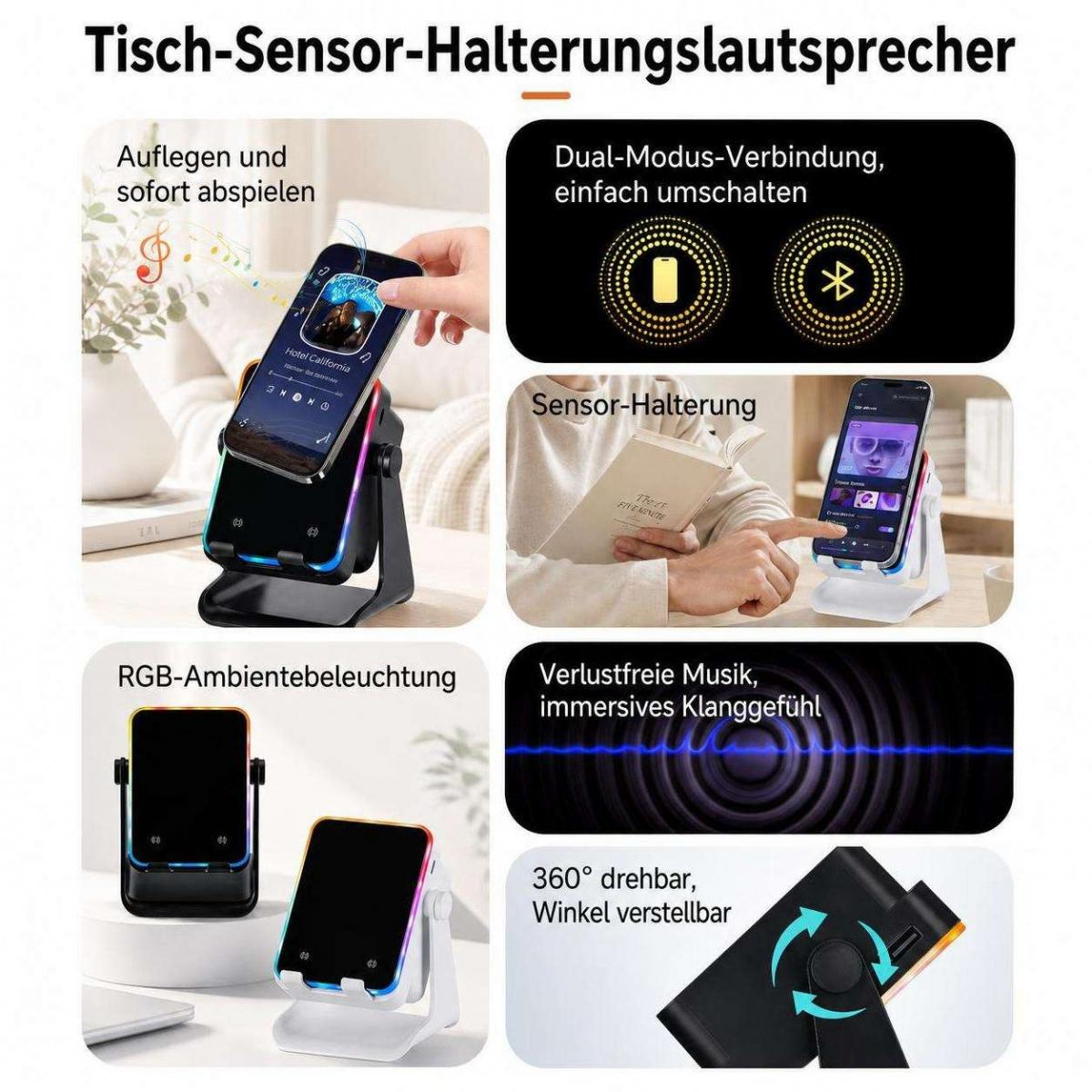 Produktübersicht eines Tisch-Sensor-Halterungslautsprechers mit Funktionen wie RGB-Beleuchtung und 360-Grad-Drehung.