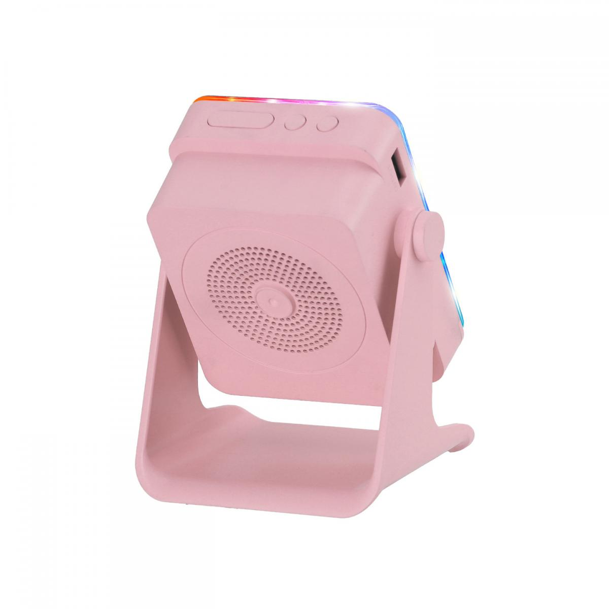 Ein rosafarbener, tragbarer Bluetooth-Lautsprecher auf einem Ständer mit bunten LED-Lichtern oben.