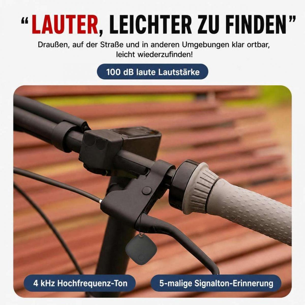 Ein Fahrradlenker mit einem kleinen schwarzen Bluetooth-Tracker, der am Bremshebel befestigt ist.