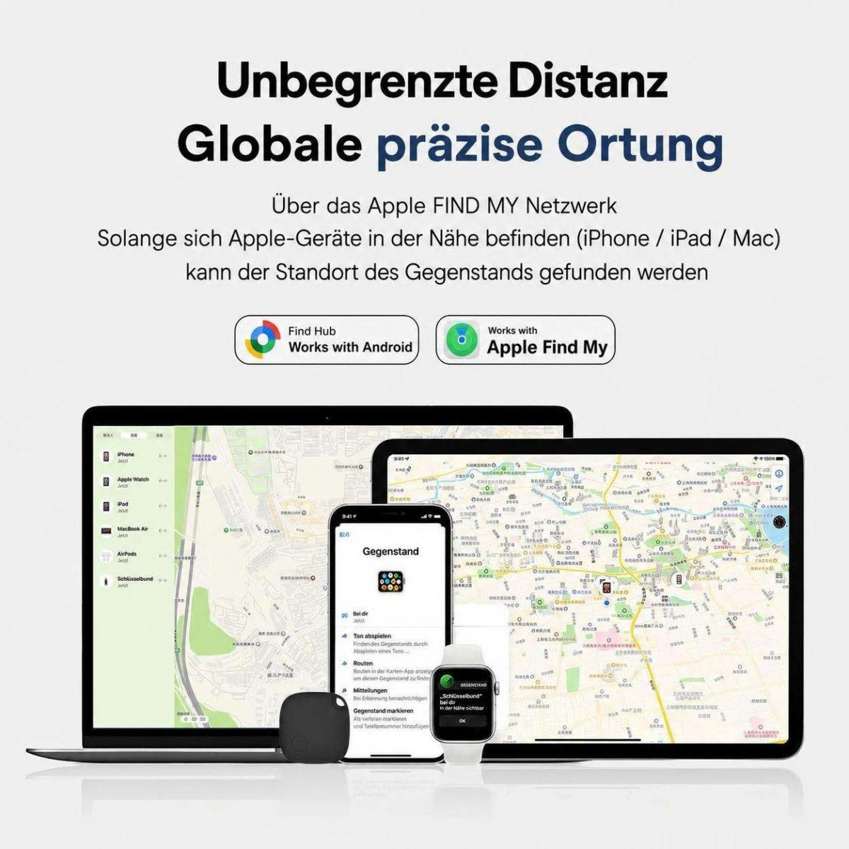 Werbegrafik für globale Ortung über das Apple Find My Netzwerk mit Laptop, Tablet und Smartphone auf einem Tisch.