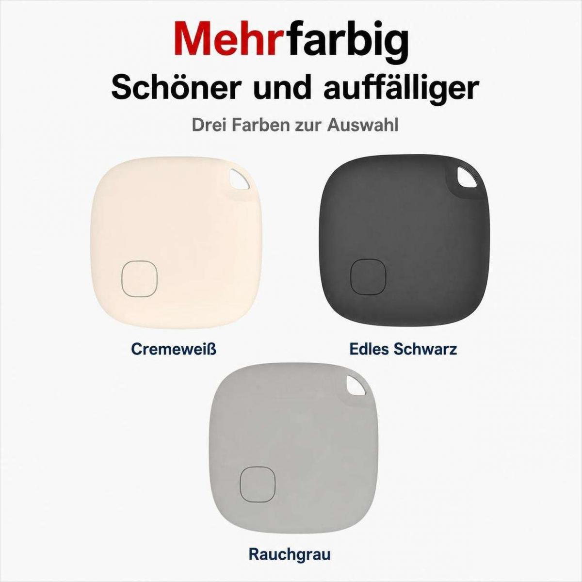 Drei quadratische Schlüsselfinder in Cremeweiß, Edles Schwarz und Rauchgrau mit einem runden Knopf und einer Öse.