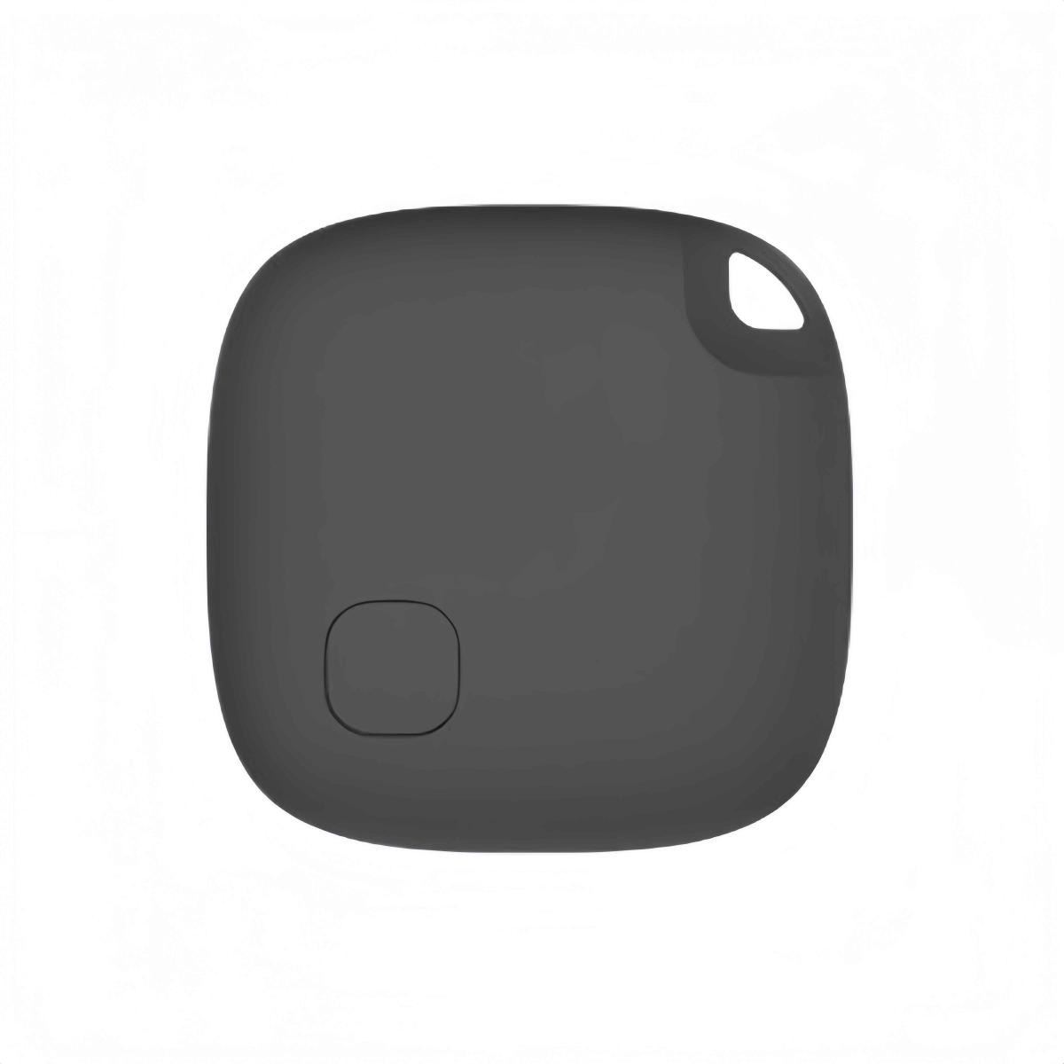 Ein grauer, quadratischer Smart-Tracker mit abgerundeten Ecken, einer Taste und einer Öse auf weißem Hintergrund.