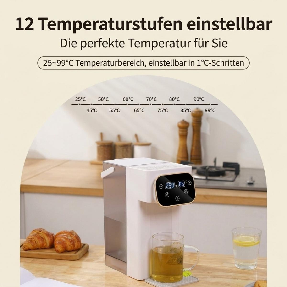 Ein weißer Wassertag mit Touch-Display und Temperaturregelung steht in einer Küche.