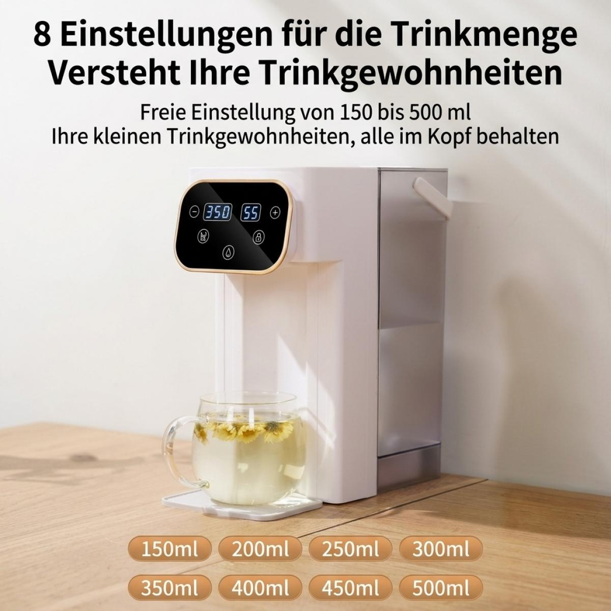 Weißer Wasserspender mit Digitalanzeige auf Holztisch, der eine Tasse Kräutertee füllt.