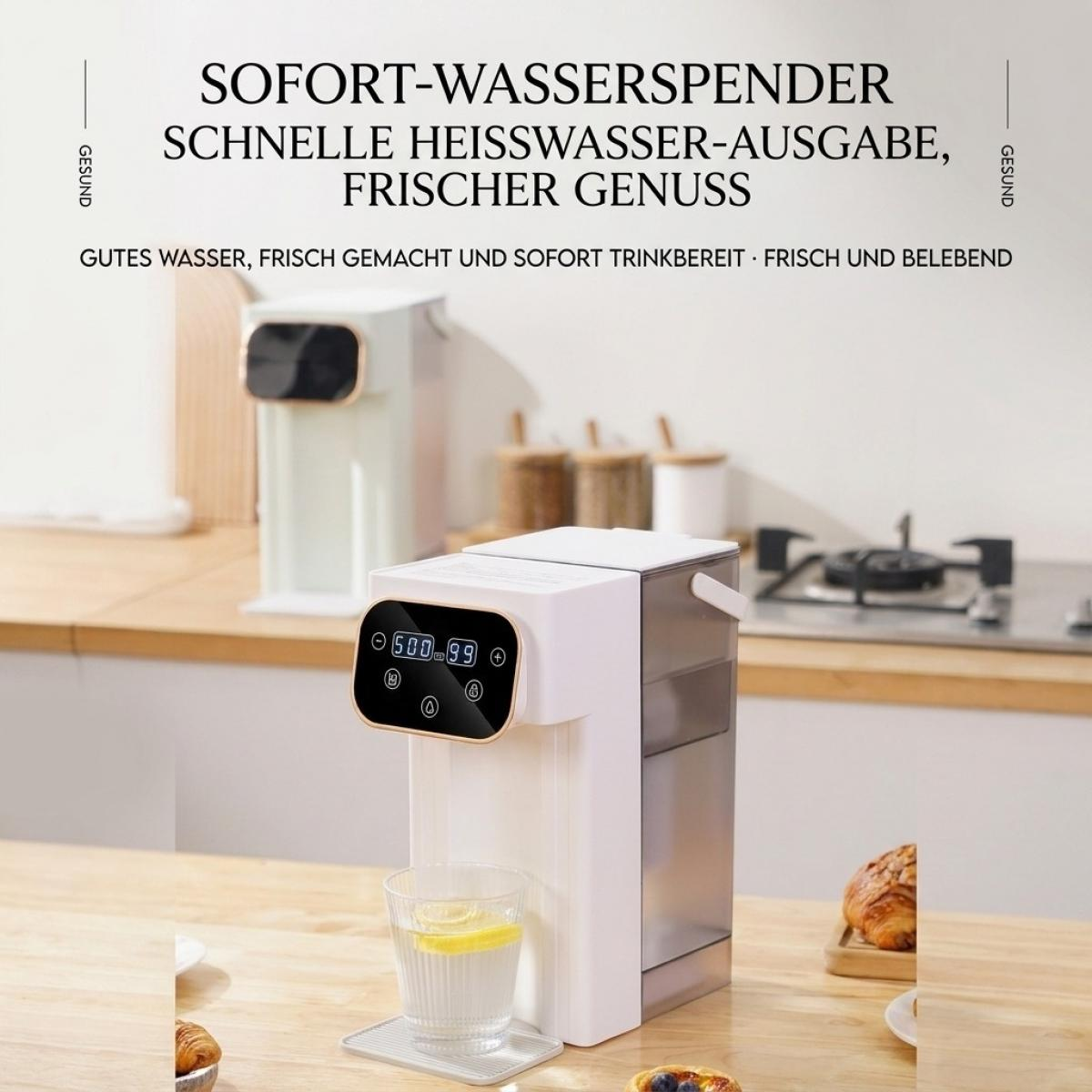 Ein weißer Wassertspender steht auf einer Holzküche, mit einem Glas Wasser und Texten auf Deutsch darüber.