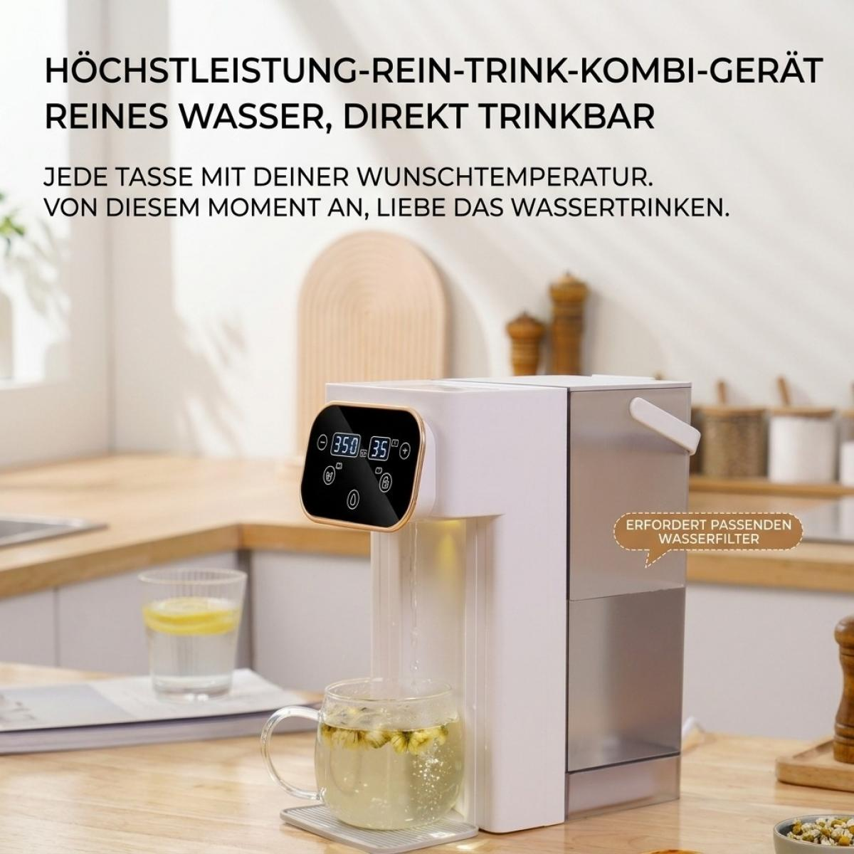 Ein weißer Wassertspender auf einer Küchentheke füllt eine Tasse Tee. Im Hintergrund ist eine helle Küche zu sehen.