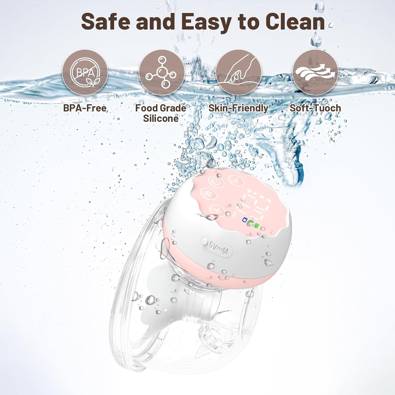 Eine elektrische Milchpumpe unter Wasser mit Icons für BPA-frei, Silikon, hautfreundlich und weich.