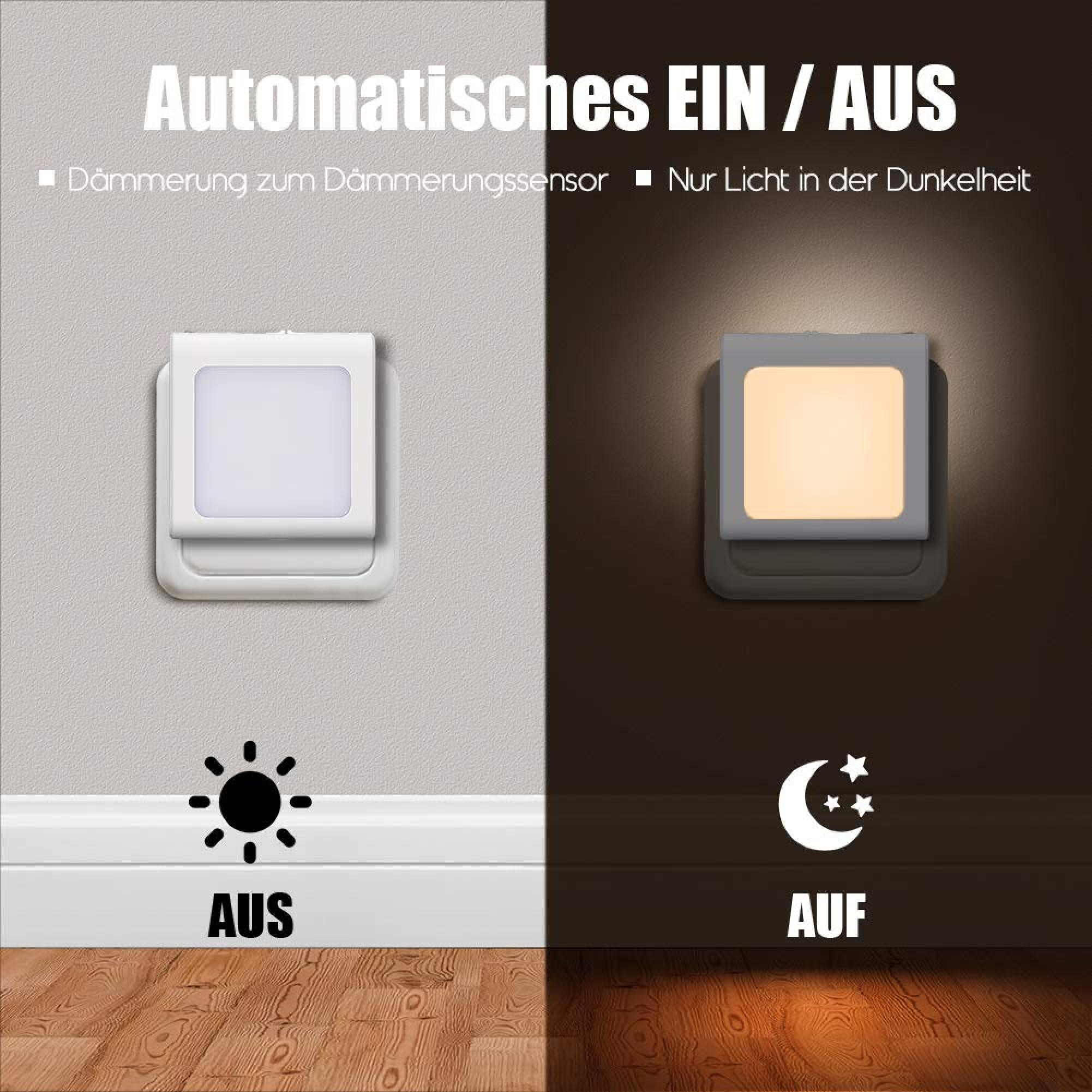 Vergleich zweier Bilder: Ein Lichtschalter ist tagsüber aus und leuchtet nachts automatisch im Dunkeln.
