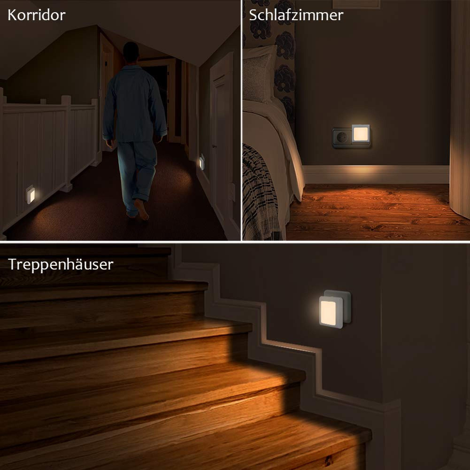 Drei Szenen mit Nachtlichtern in Steckdosen im Flur, Schlafzimmer und Treppenhaus.