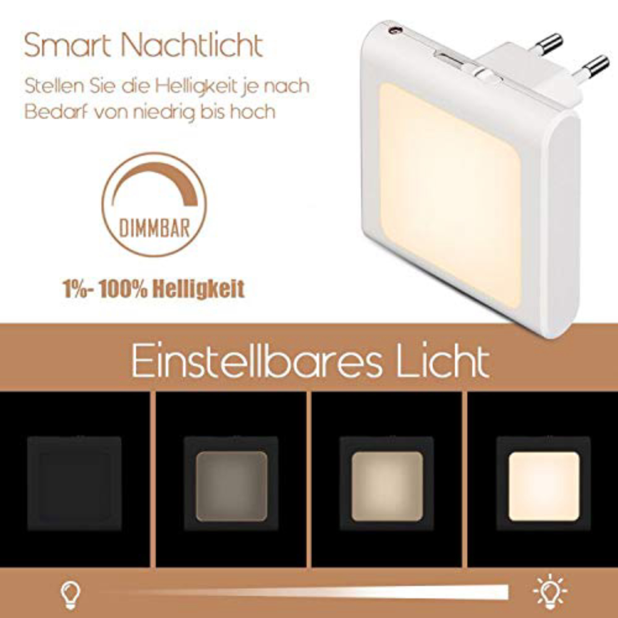Ein weißes, dimmbares LED-Nachtlicht mit einstellbarer Helligkeit von 1% bis 100% und deutscher Beschriftung.