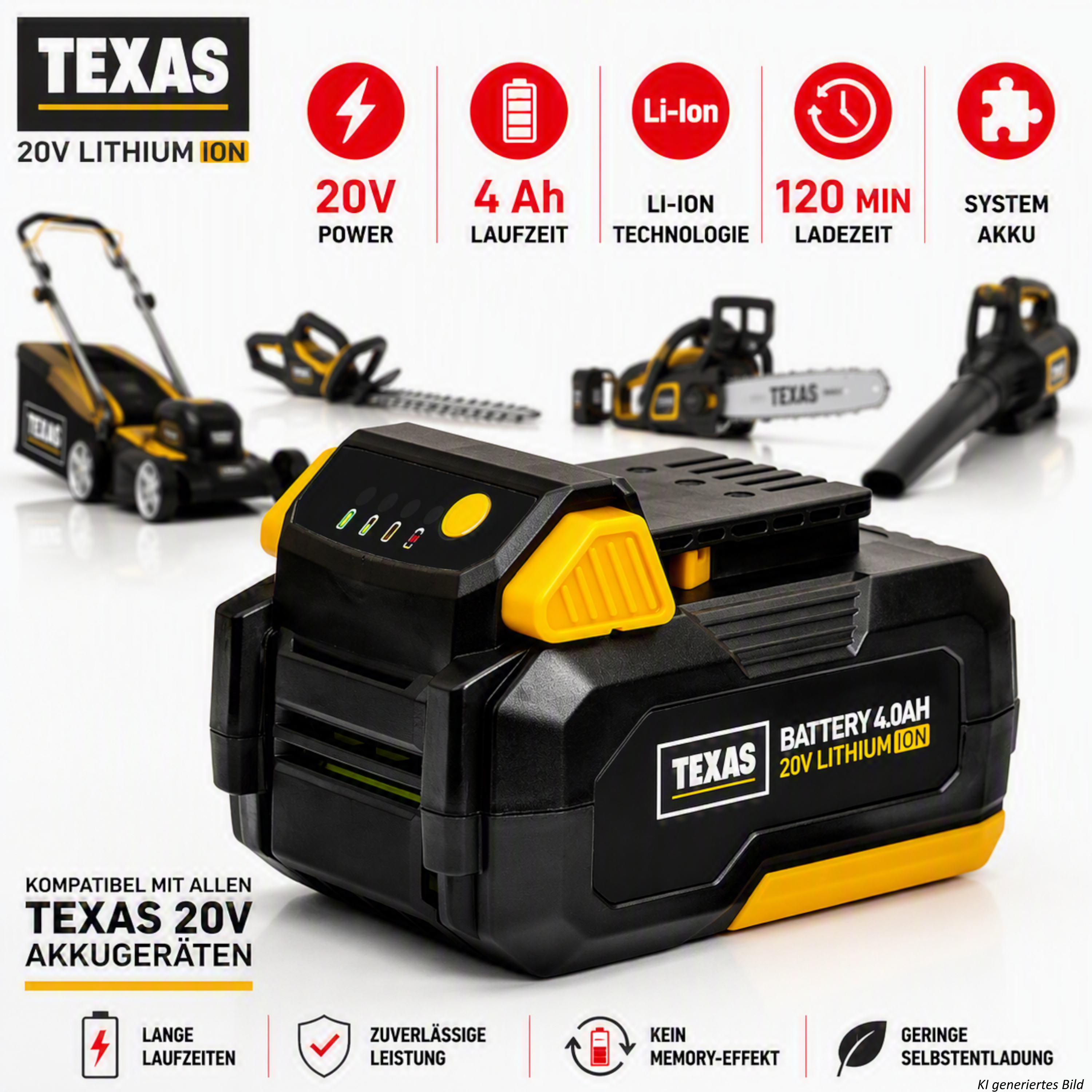 Texas 20V Lithium-Ionen-Akku mit 4 Ah im Vordergrund, umgeben von kompatiblen Gartengeräten und Icons.