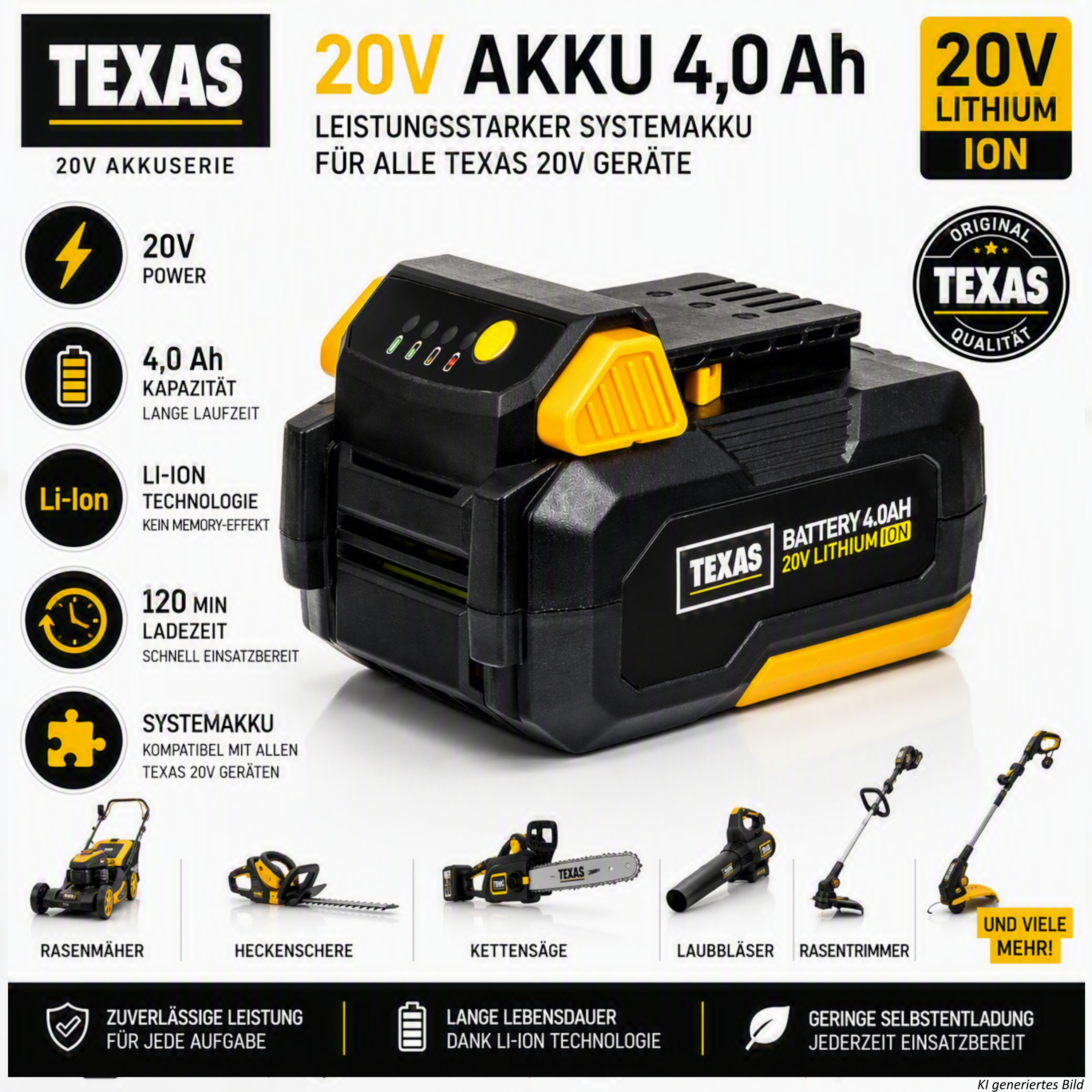 Texas 20V Akku mit 4,0 Ah, kompatibel mit verschiedenen Texas 20V Gartengeräten.