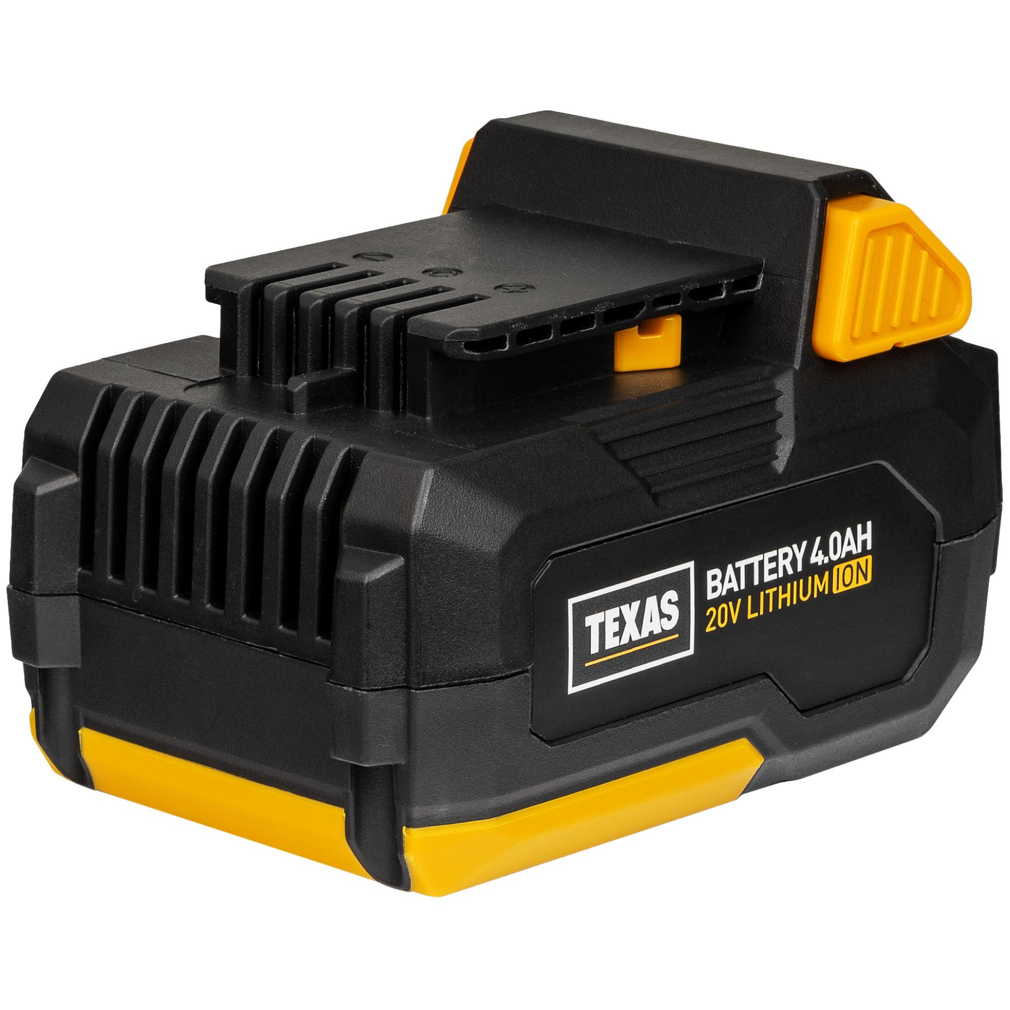 Schwarzer und gelber Texas 20V Lithium-Ionen-Akku mit 4,0 Ah auf weißem Hintergrund.