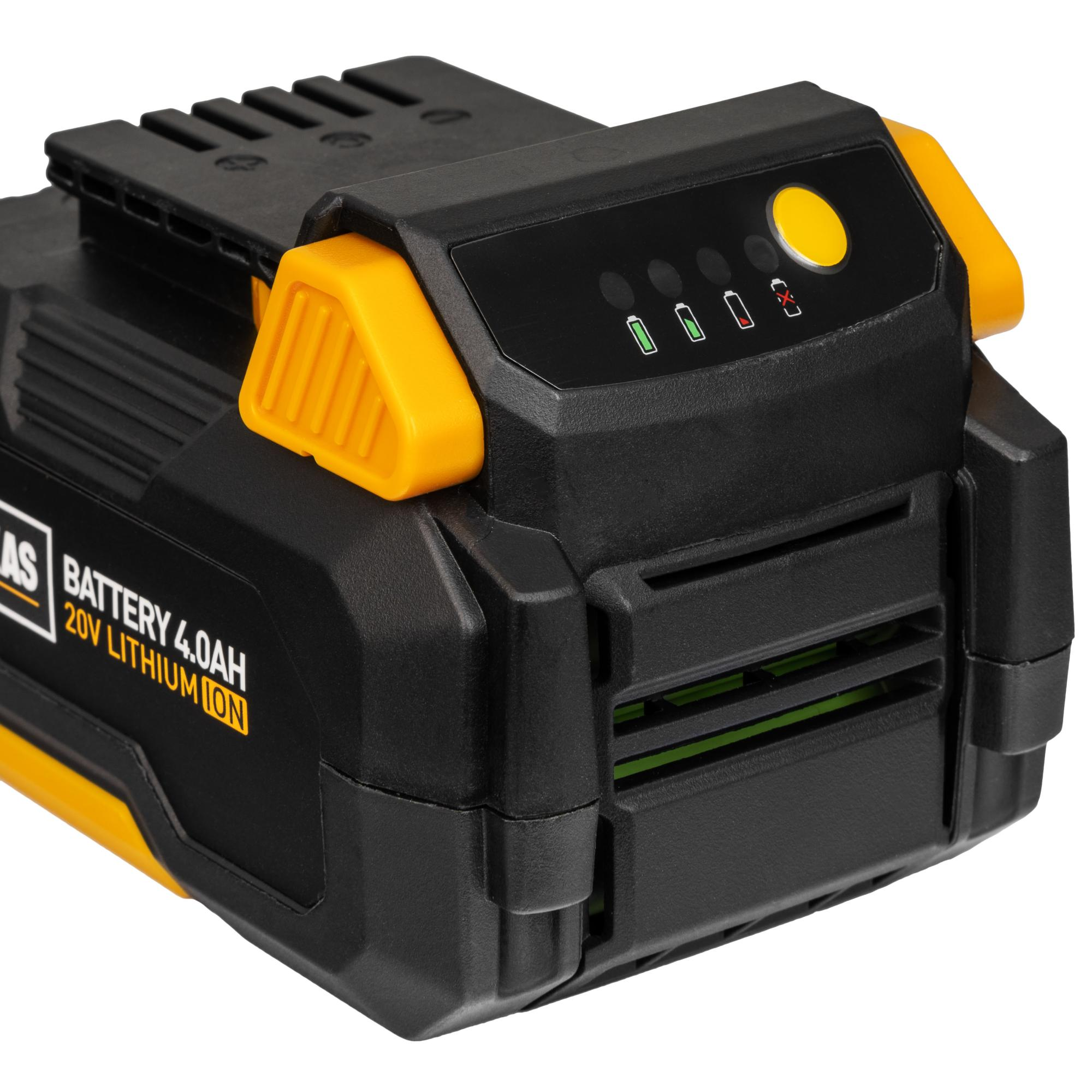 Eine schwarze und gelbe 20V Lithium-Ionen-Akkubatterie mit Ladestandanzeige.