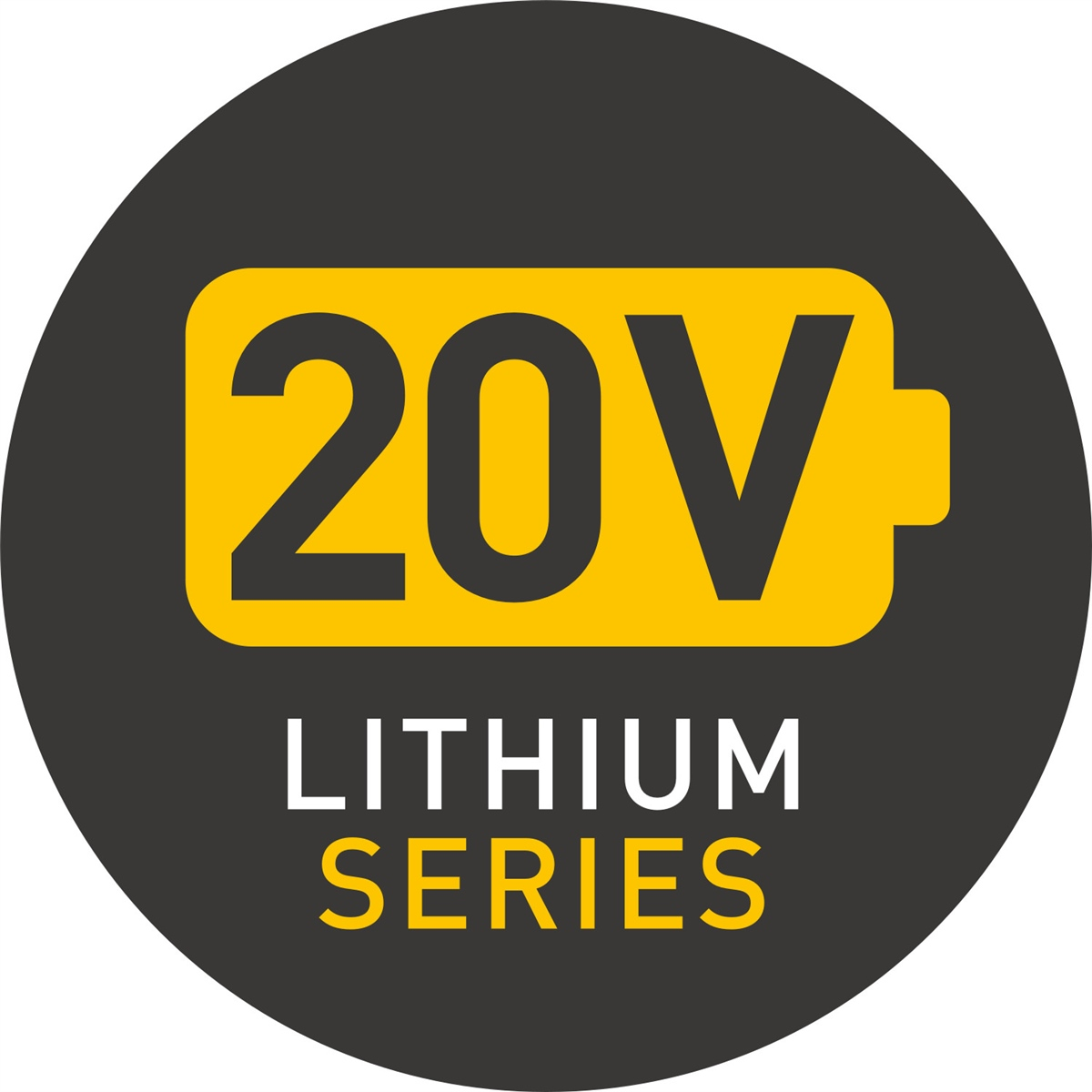 Ein gelbes Batteriesymbol mit der Aufschrift 20V LITHIUM SERIES auf dunklem Kreis.