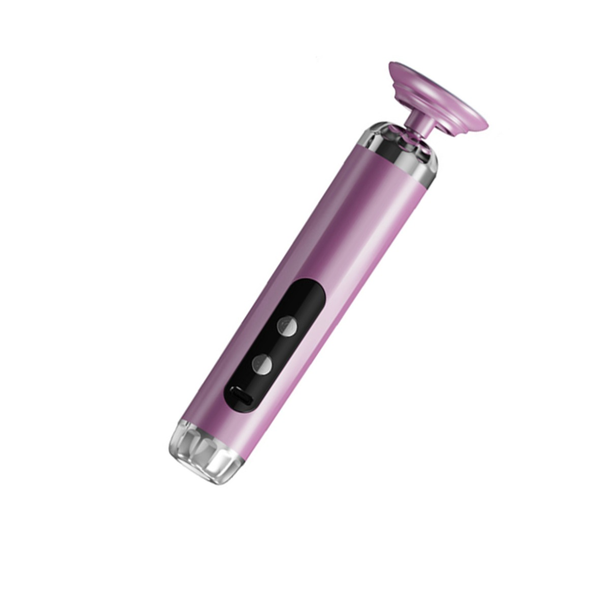 Ein rosafarbenes Handheld-Gerät mit silbernen Akzenten, einem schwarzen Bedienfeld mit zwei Knöpfen und einem ausgestellten Oberteil.