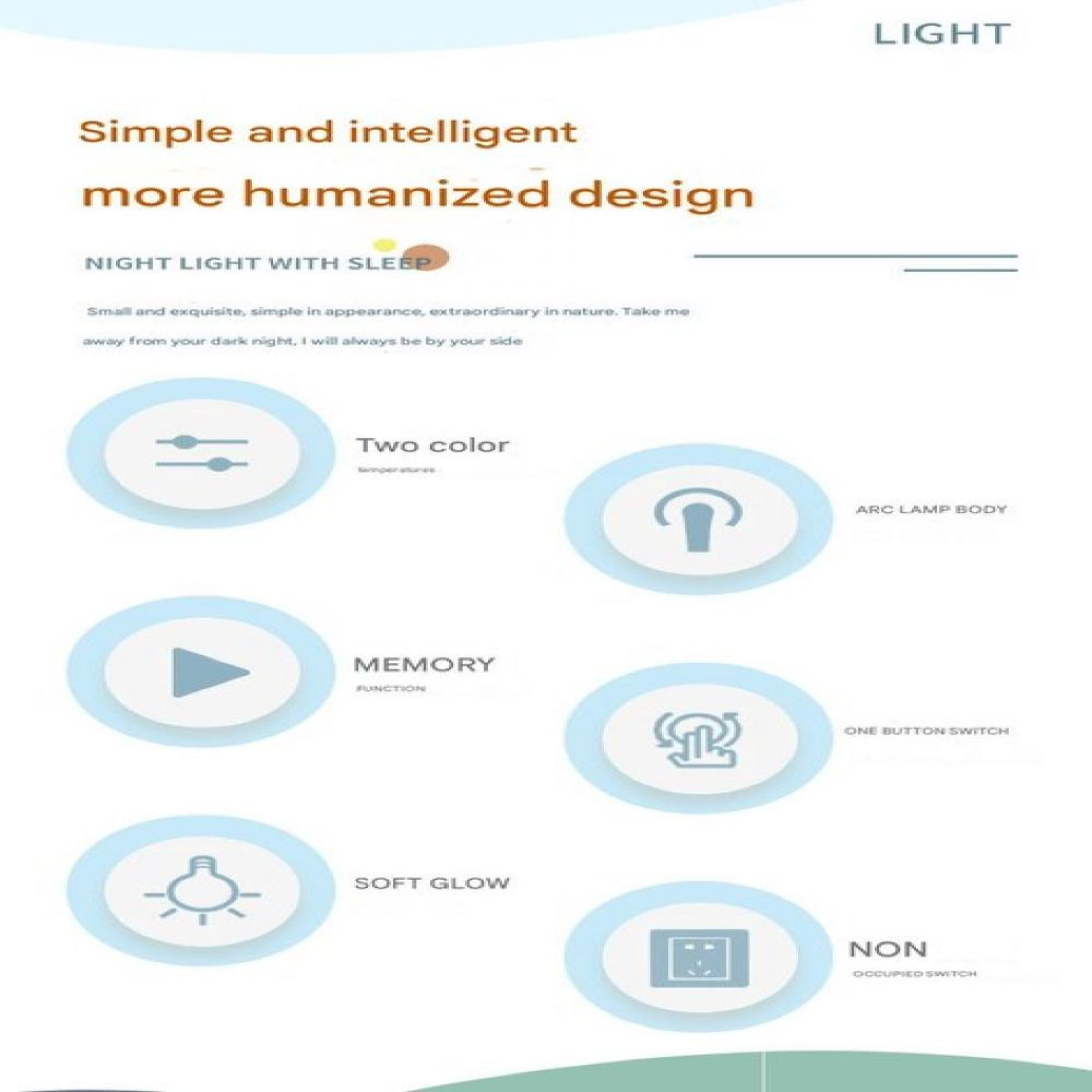 Produktinfografik für ein Nachtlicht mit Symbolen für Eigenschaften wie Farben und Tasten.