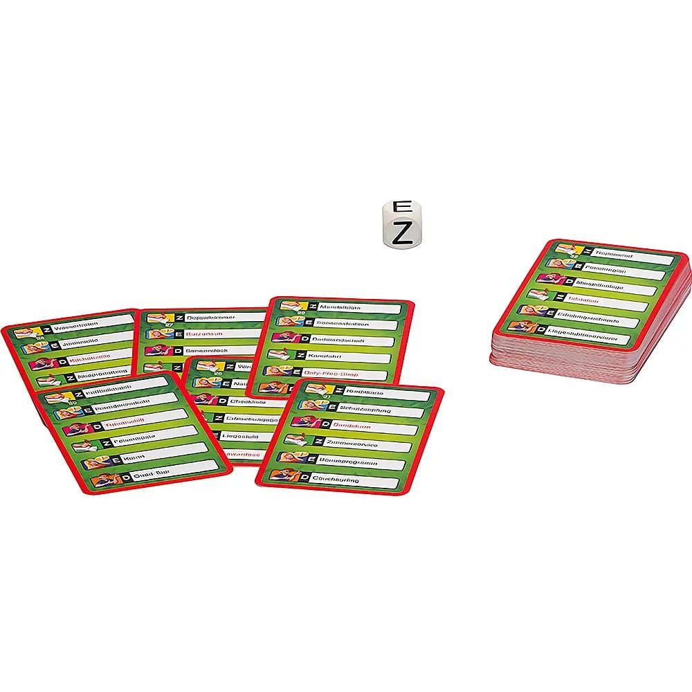 Un gioco di carte con carte rosse, testo e icone, un mazzo e un dado bianco su sfondo bianco.