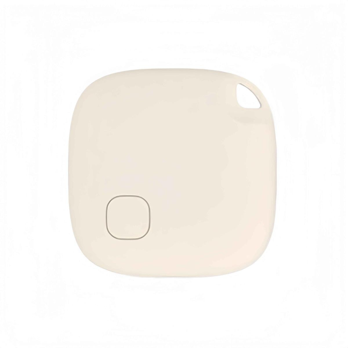 Ein weißer, quadratischer Bluetooth-Tracker mit abgerundeten Ecken, einer kleinen quadratischen Taste und einer Öse.