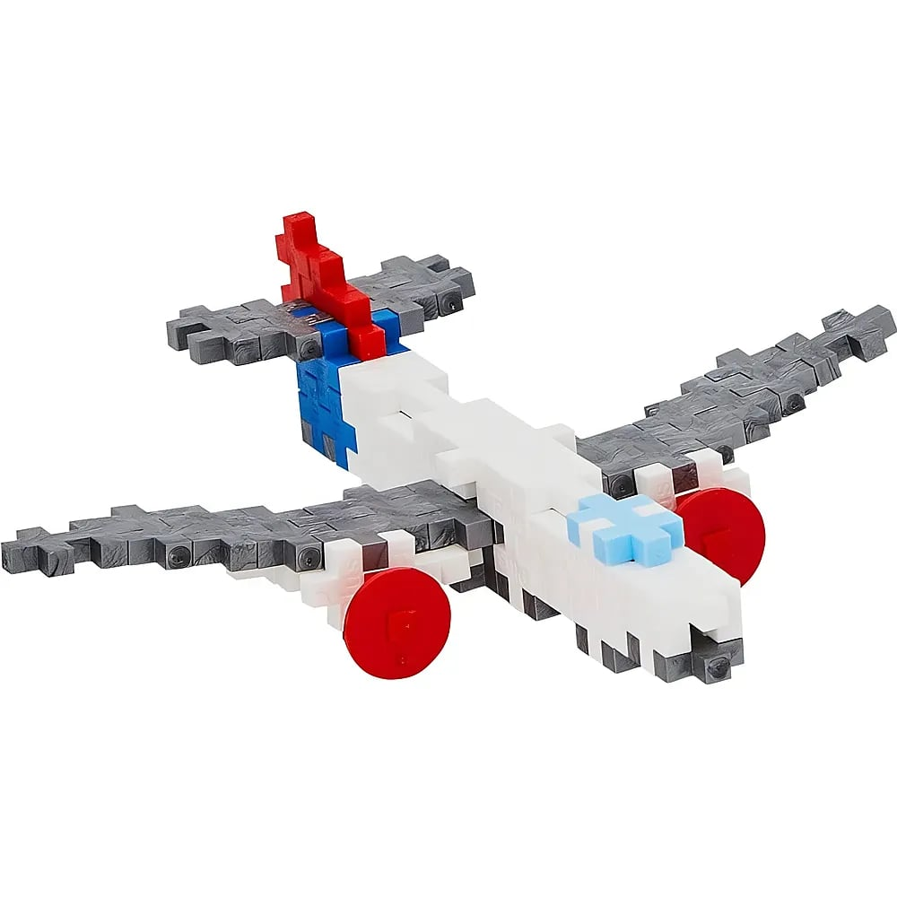Ein Spielzeugflugzeug aus Steckbausteinen mit grauen Flügeln, einem weißen Rumpf und roten Triebwerken.