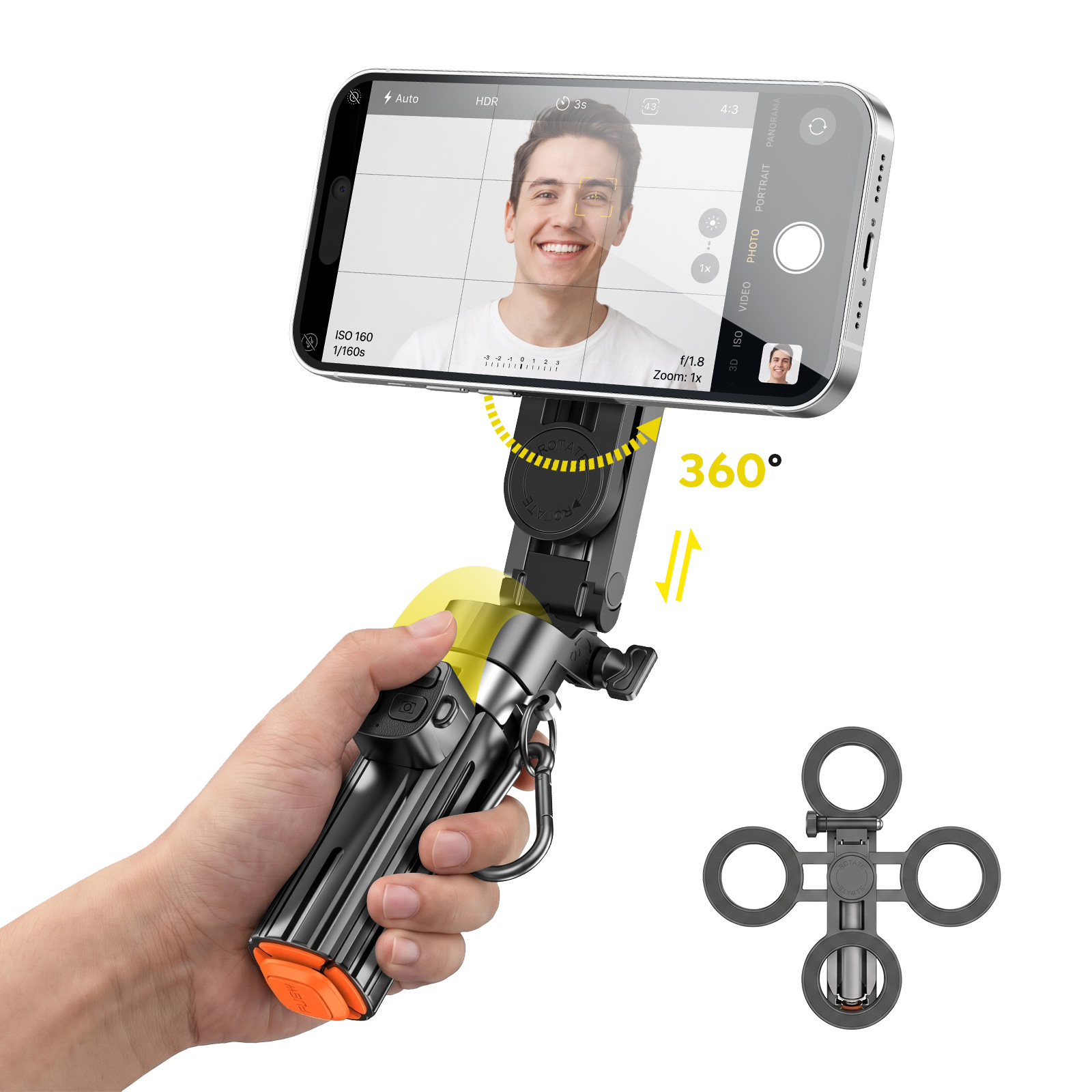 Hand hält einen Selfie-Stick mit Smartphone, das einen Mann zeigt, mit 360-Grad-Drehsymbolen.