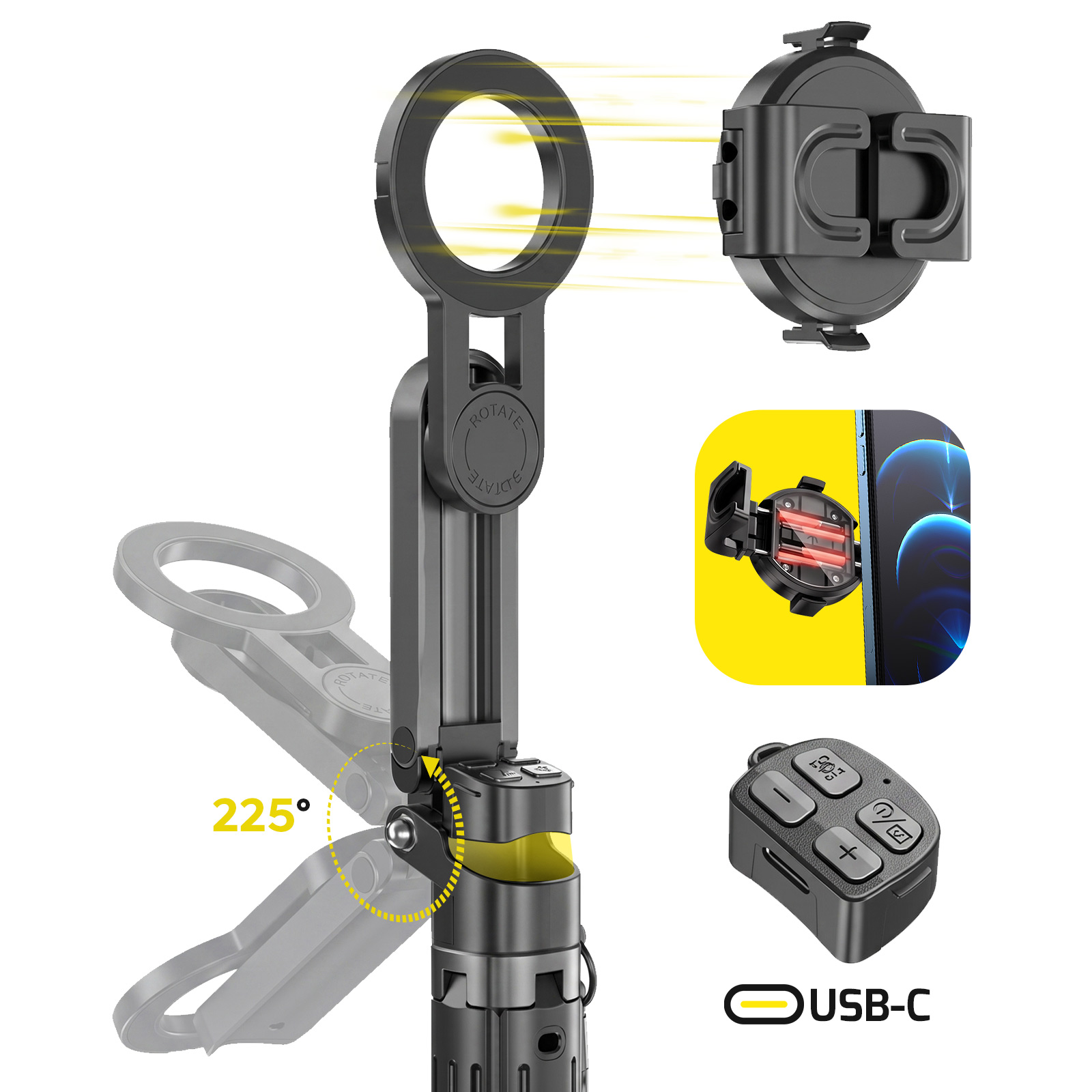 Verstellbare Halterung mit 225-Grad-Drehung, Klemme, Telefon, Fernbedienung und USB-C-Anschluss.
