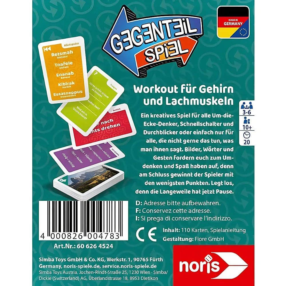 Dos de la boîte de jeu Gegenwelt en turquoise avec des cartes  à jouer et du texte.