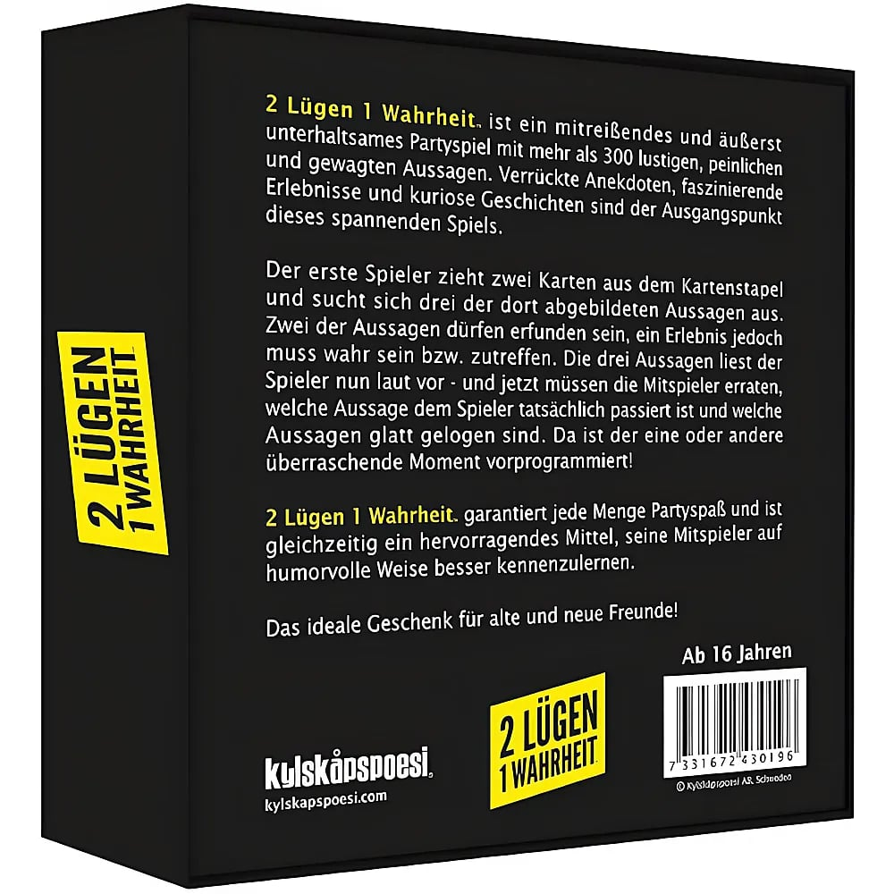 Rückseite einer schwarzen Spielebox mit gelbem Text und Barcode.