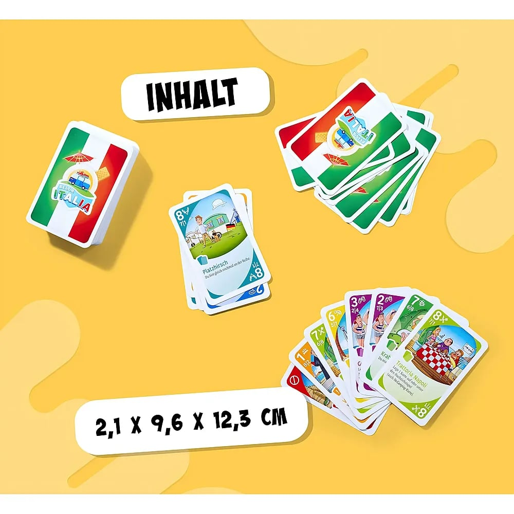 Bella Italia Kartenspiel auf gelbem Hintergrund mit Text "Inhalt" und den Maßen 2,1 x 9,6 x 12,3 cm.