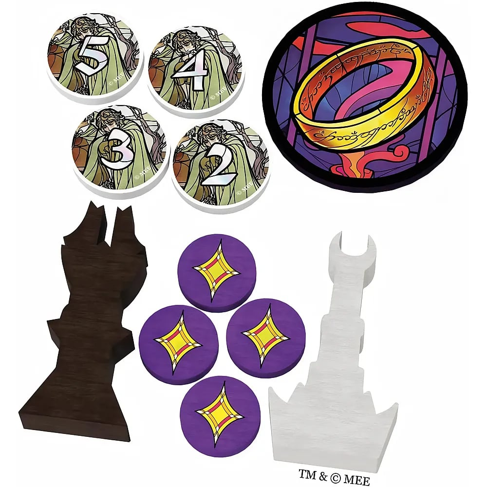 Brettspielkomponenten inklusive nummerierter runder Token, einem Ring-Token, lila Marken und Holzteilen.