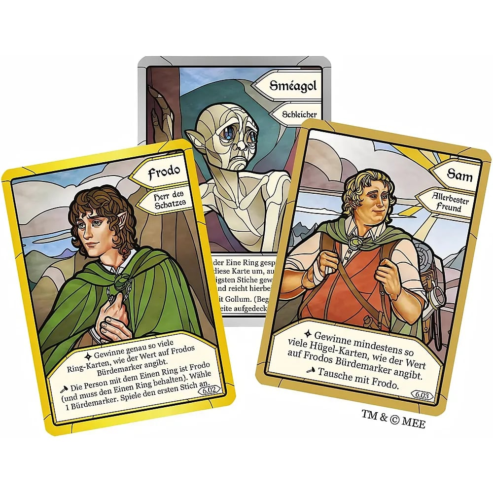 Drei Fantasy-Spielkarten zeigen Frodo, Smeagol und Sam mit illustrierten Charakteren und deutschem Text.