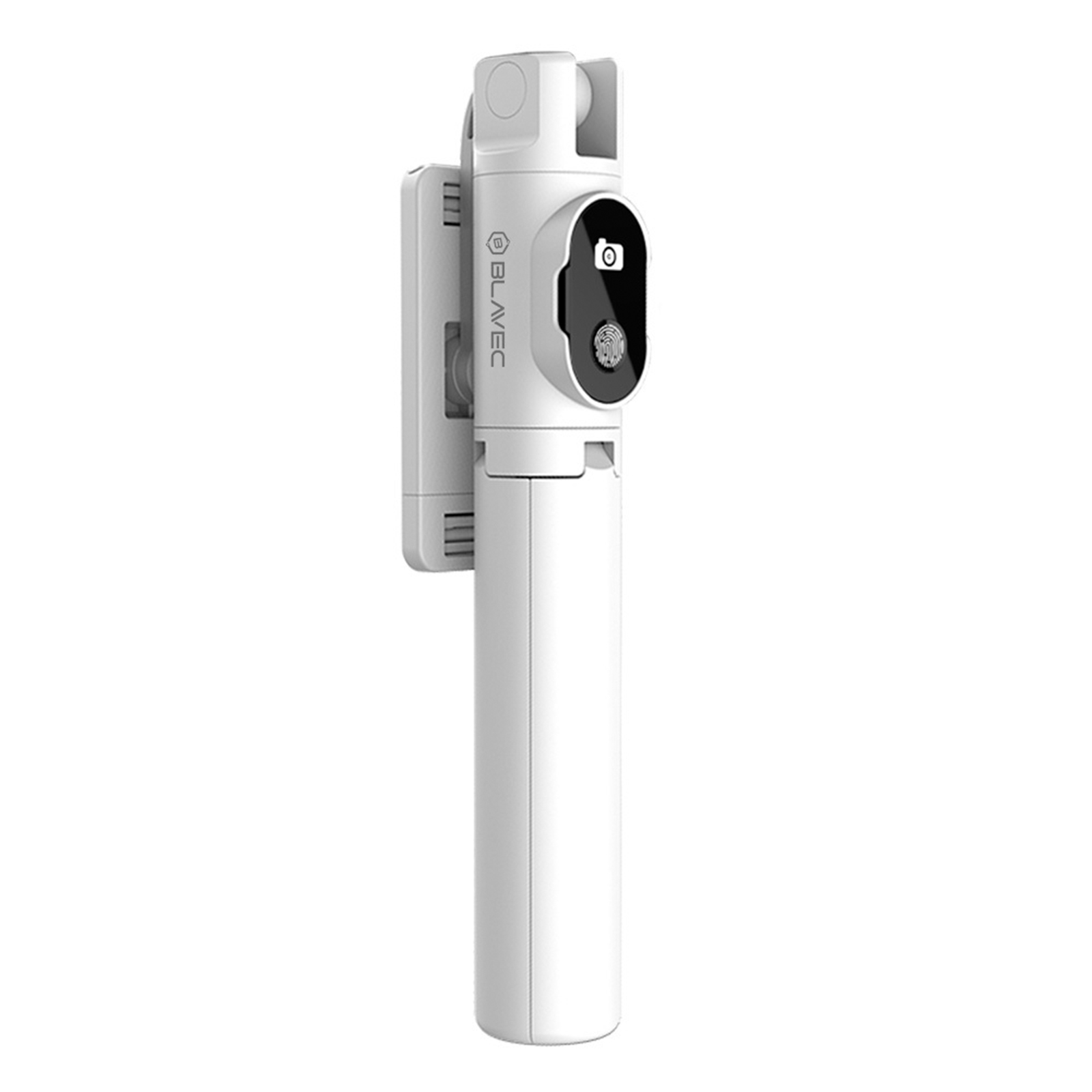 Ein weißer, zusammengeklappter Selfie-Stick mit schwarzem Display und Markenlogo auf weißem Hintergrund.