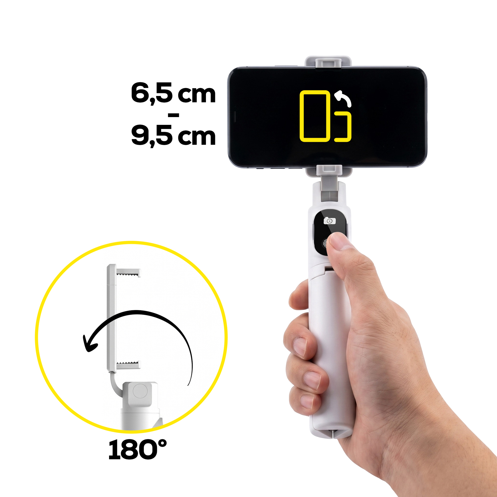 Eine Hand hält einen weißen Selfiestick mit Handy, zeigt 6,5-9,5cm Größe und 180-Grad-Drehung.