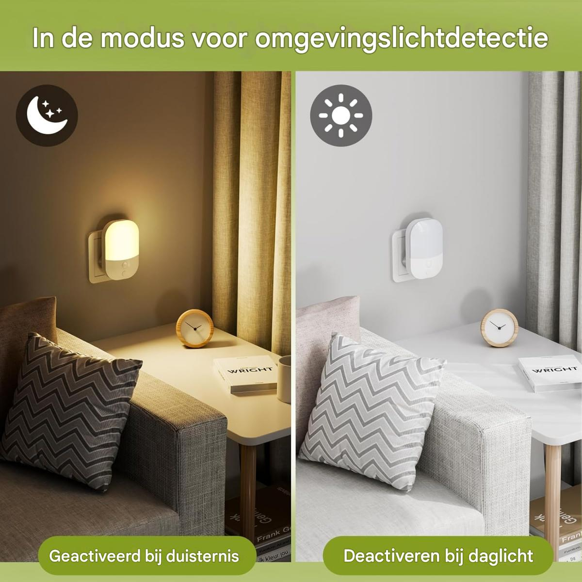 Nachtlichtvergleich: An im Dunkeln und Aus bei Tageslicht.
