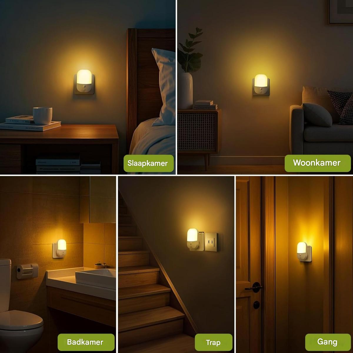 Fünf geteilte Bilder zeigen warmes Nachtlicht in Schlafzimmer, Wohnzimmer, Bad, Treppe und Flur.