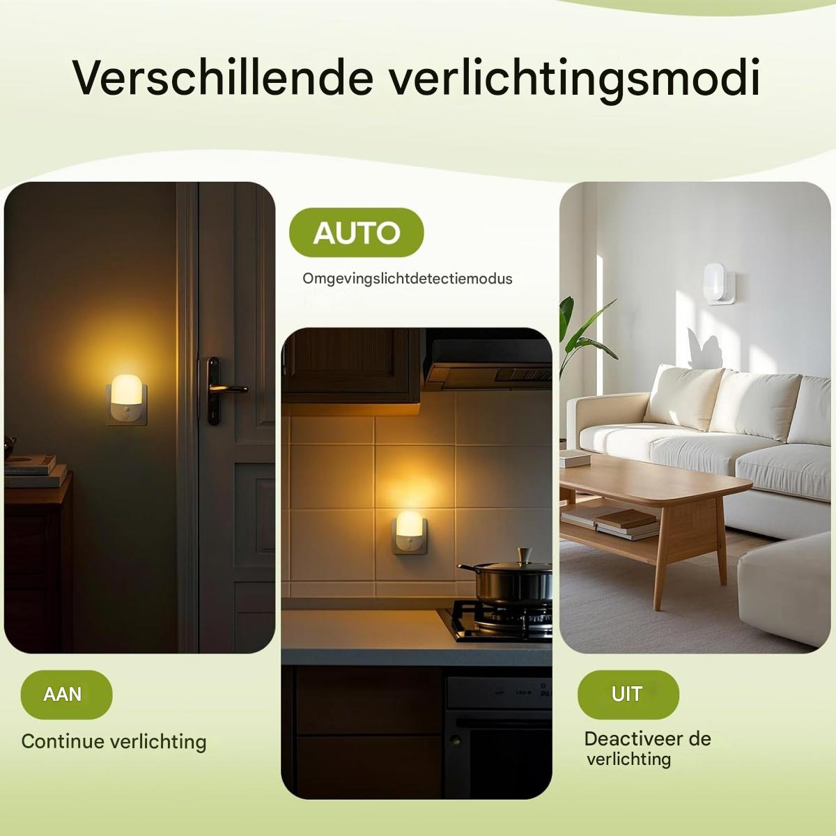 Drei Bilder zeigen verschiedene Lichtmodi einer Wandleuchte: An, Auto und Aus.