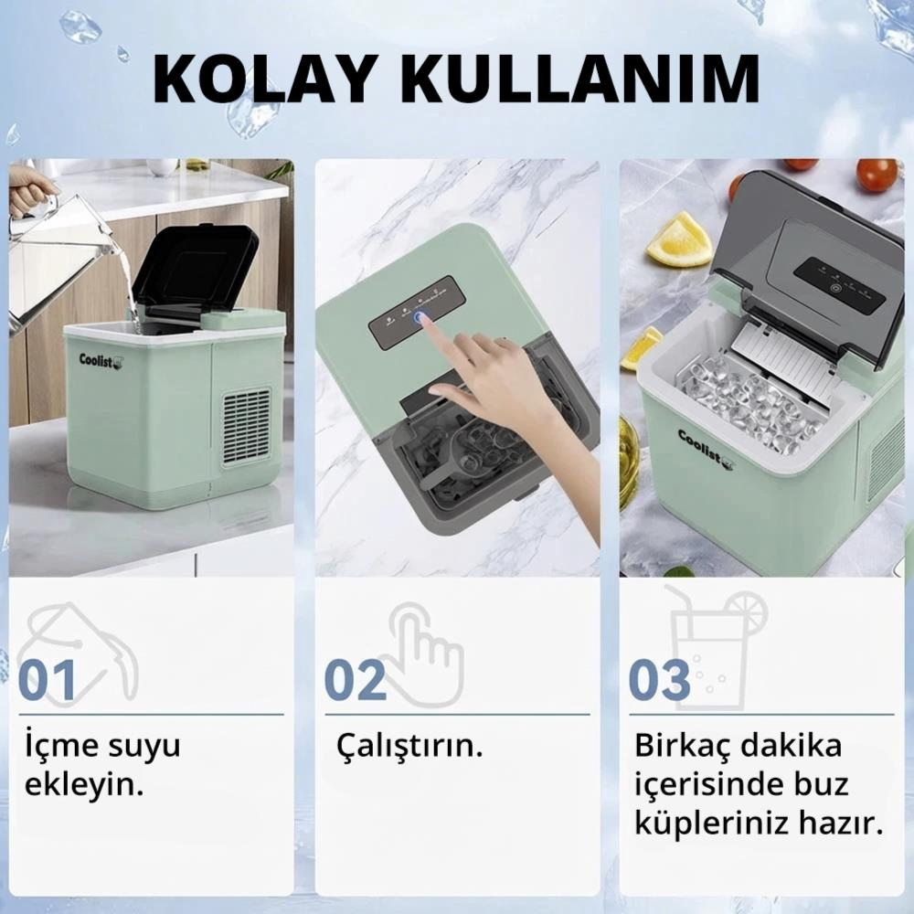 Yeşil buz makinesinin kullanımını gösteren üç aşamalı rehber: su ekleyin, çalıştırın, buz hazır.