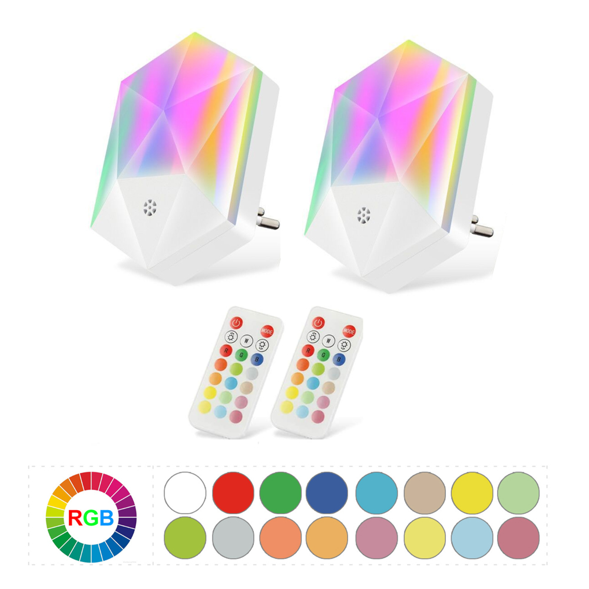 Zwei facettierte, farbwechselnde Nachtlichter mit zwei Fernbedienungen und einer RGB-Farbpalette.