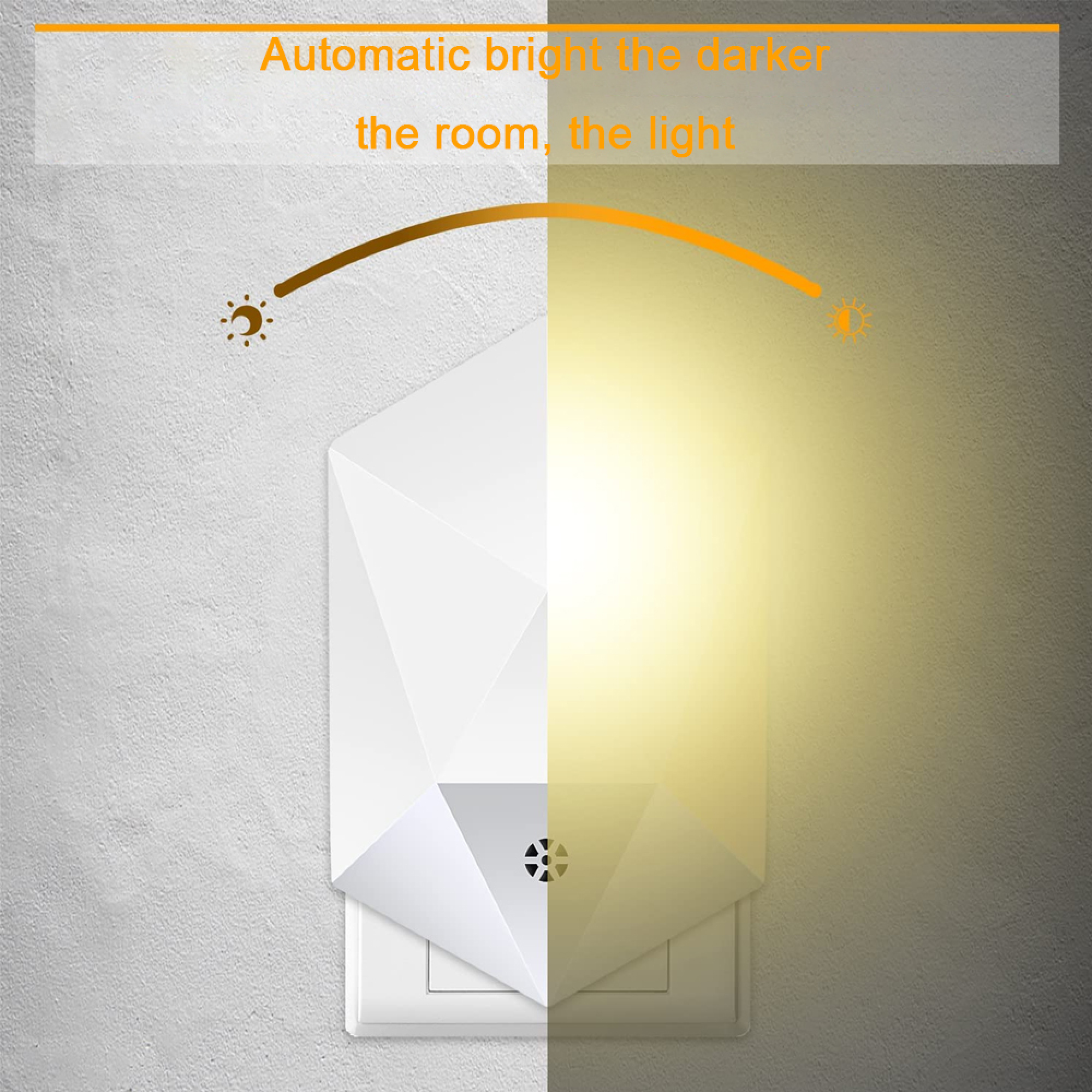 Ein weißes Nachtlicht an einer Wand zeigt automatische Helligkeitsanpassung.