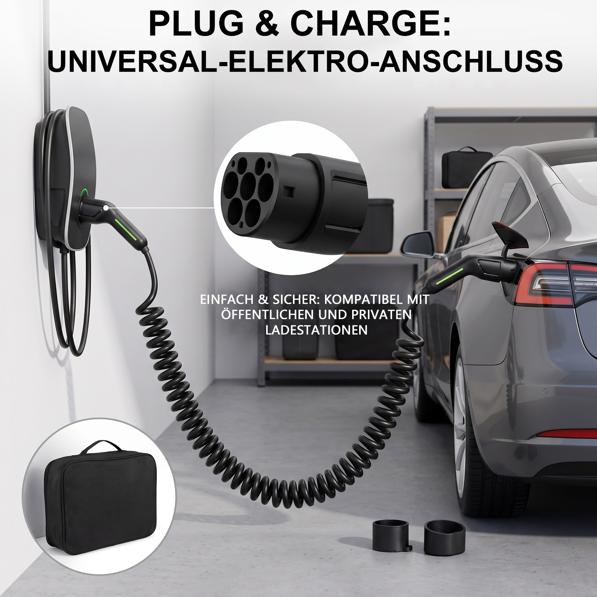 Ein graues Elektroauto lädt in einer Garage an einer Wand-Ladestation mit Spiralkabel und Transporttasche.