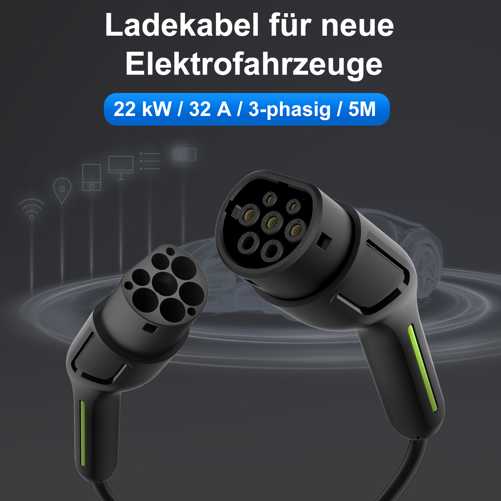 Schwarze EV-Ladekabelstecker mit blauer Textgrafik auf grauem Hintergrund.