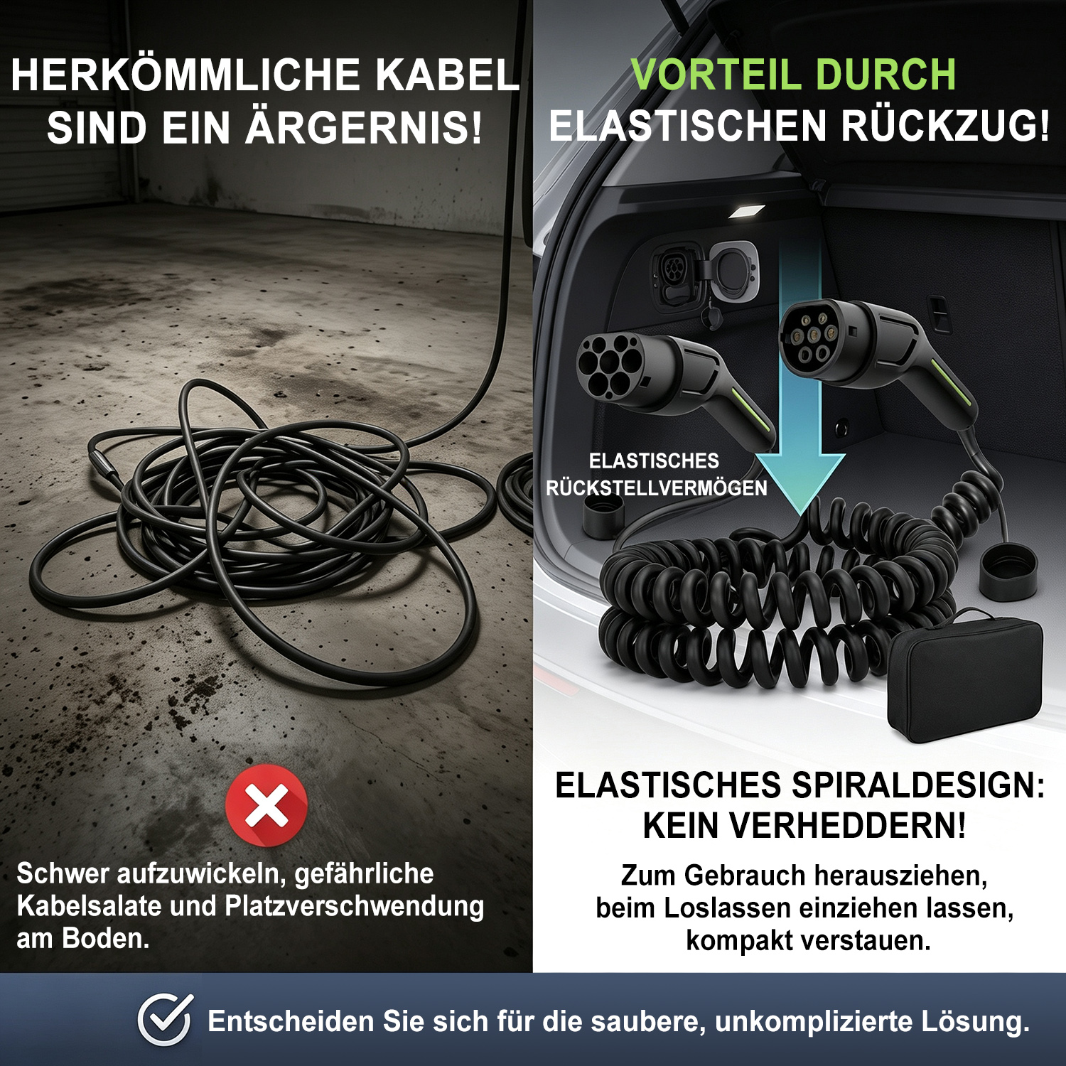 Vergleich von verwirtem Standardkabel und ordentlichem Spiralkabel in einem Autokofferraum.
