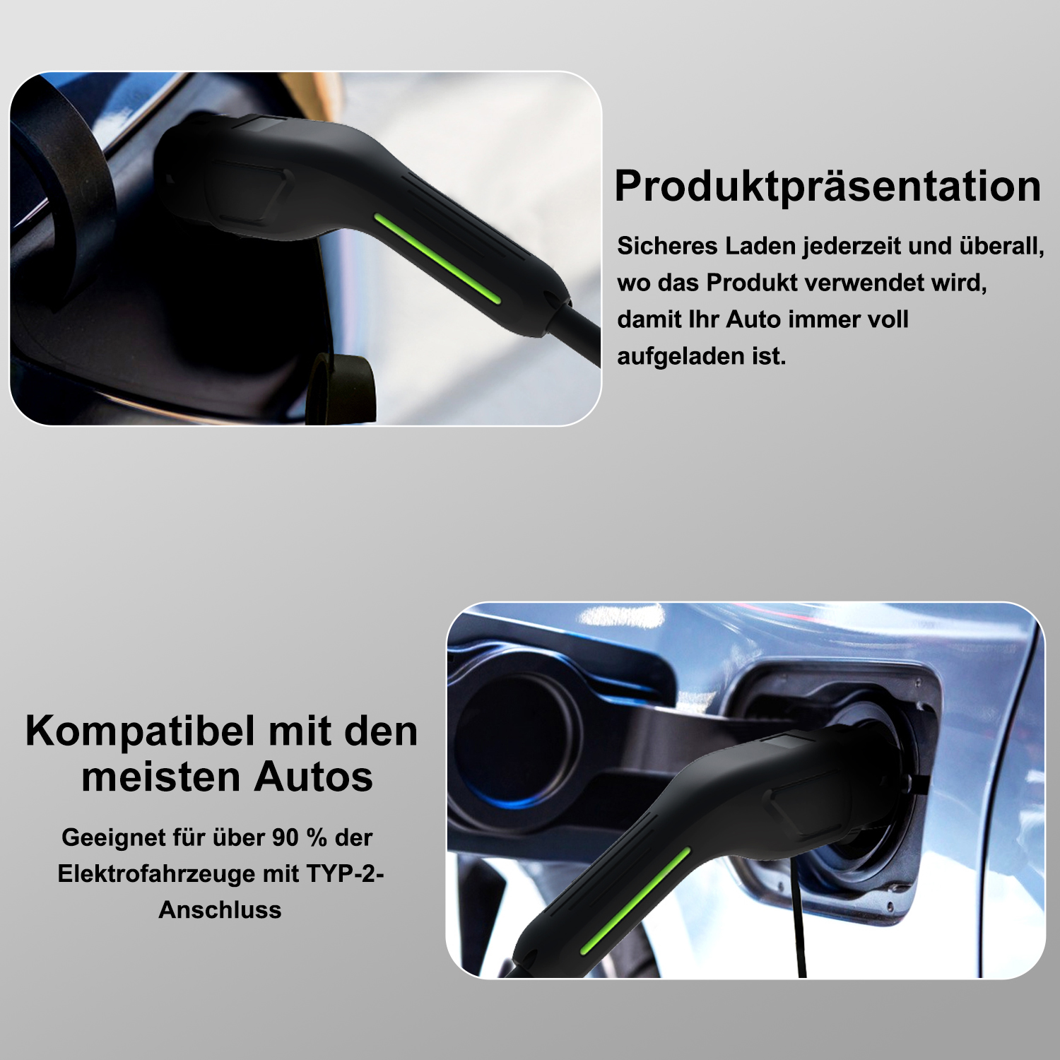 Zwei Bilder zeigen einen schwarzen EV-Ladestecker, der an ein blaues Auto angeschlossen wird, mit deutschem Text.