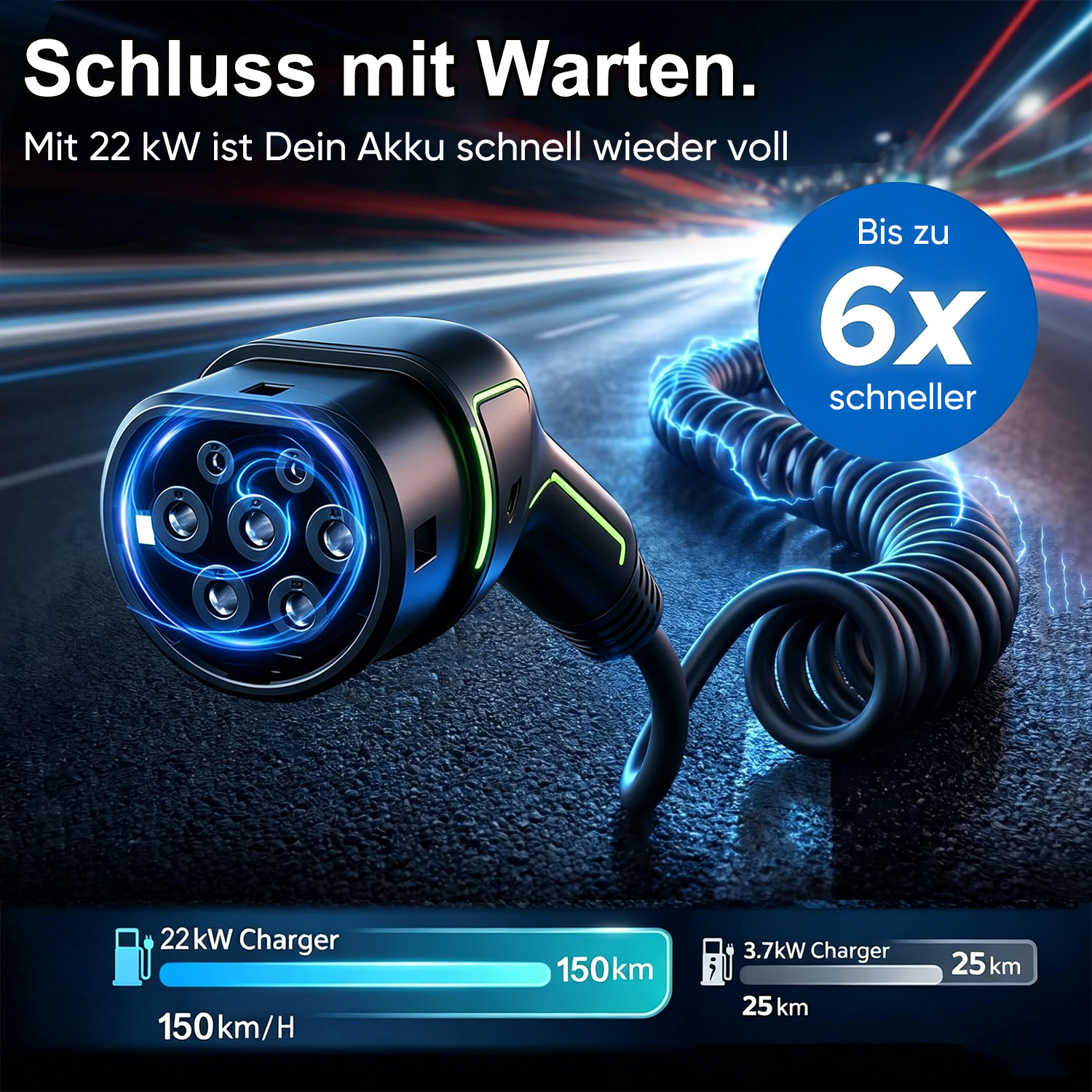 Ein beleuchteter E-Auto-Ladestecker mit Spiralkabel auf dunklem Hintergrund und deutschem Werbetext.
