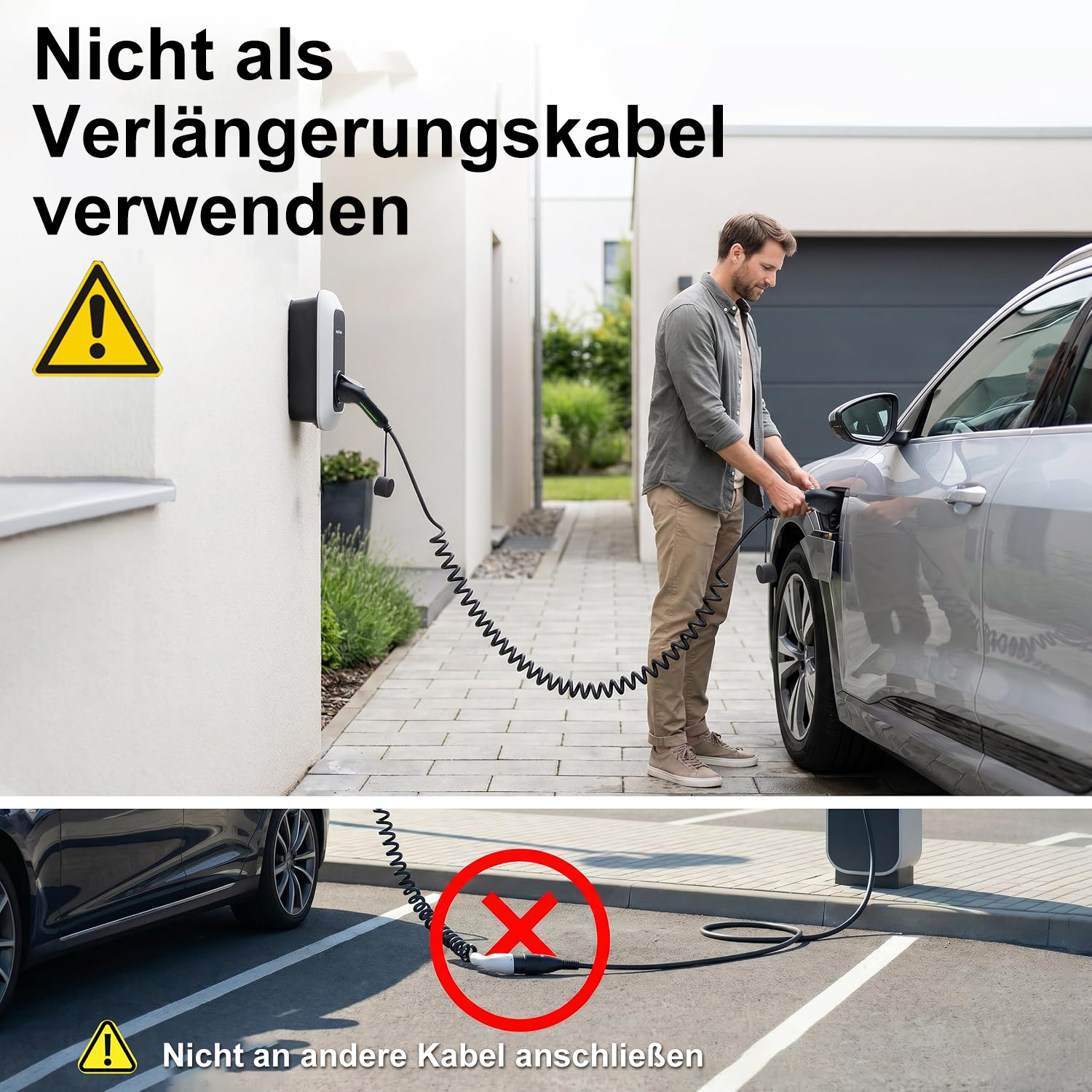 Ein Mann lädt ein Elektroauto. Warnhinweise zeigen, dass kein Verlängerungskabel genutzt werden darf.