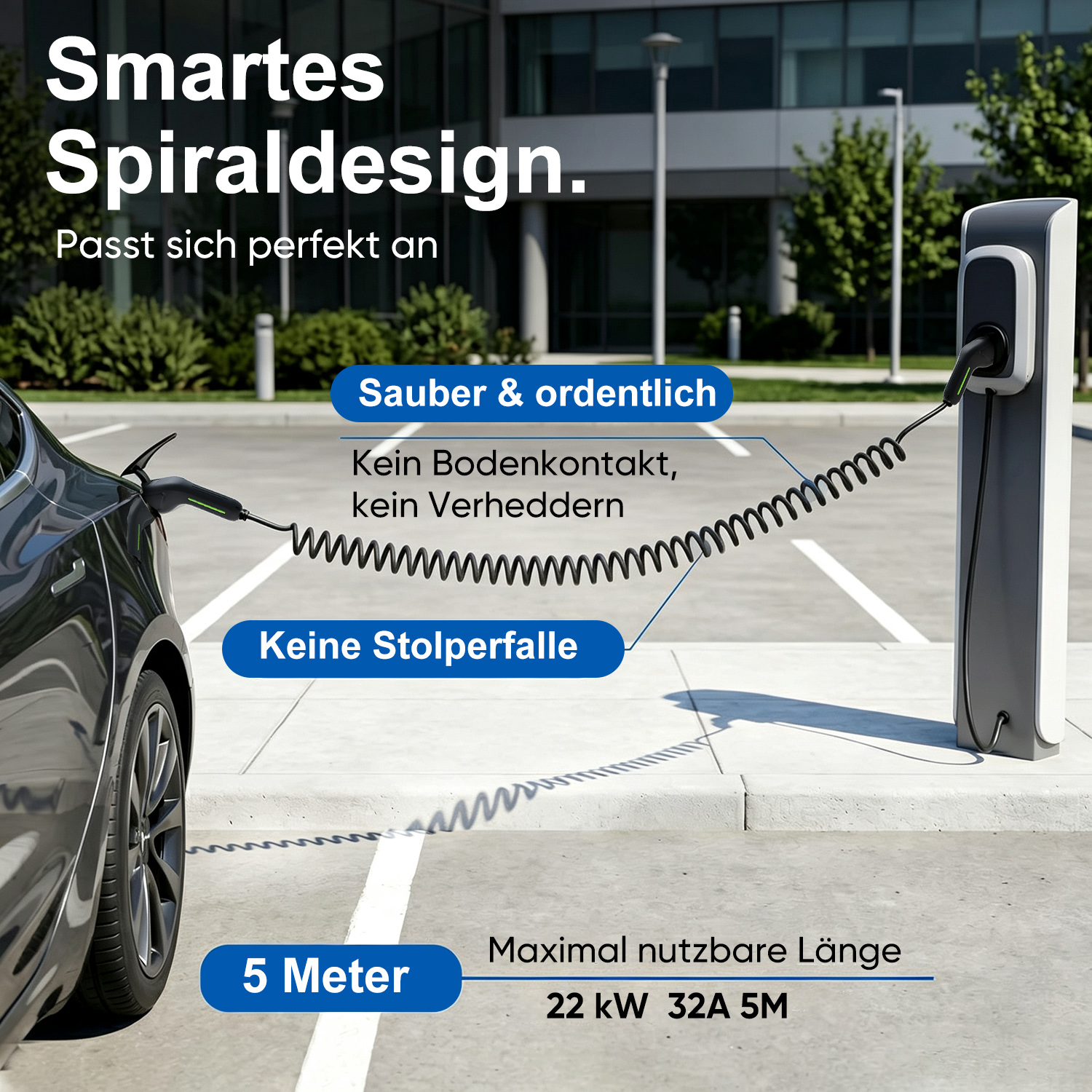 Ein Elektroauto lädt an einer Ladestation mit einem Spiralkabel, das den Boden nicht berührt.
